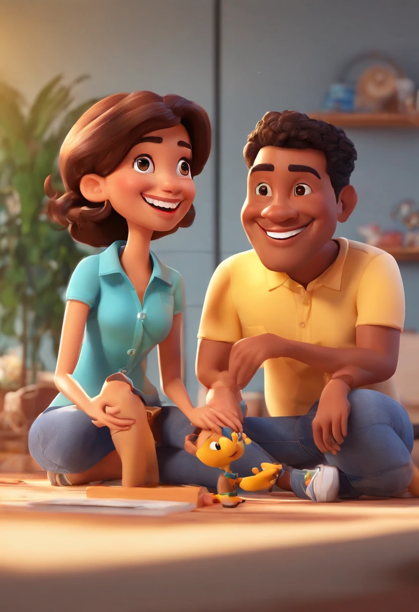 An illustration of an adorable couple, Highlight for a chubby mulatto man with smiling glasses and a brunette woman with beautiful expressive eyes - the man's skin is mulatto and the man's hair has, while the woman's skin is black and the woman's hair is straight and brown. They are a bright room, cada um com um sorriso no rosto, e compartilhar um momento especial caracterizado pelo amor, Insights. Illustrate this scene from a perspective where they are facing the camera, Smiling and Showing Your Connection. Desenvolva esta arte em Full HD, Focus on your cinematic touch, Estilo Disney Pixar Animations