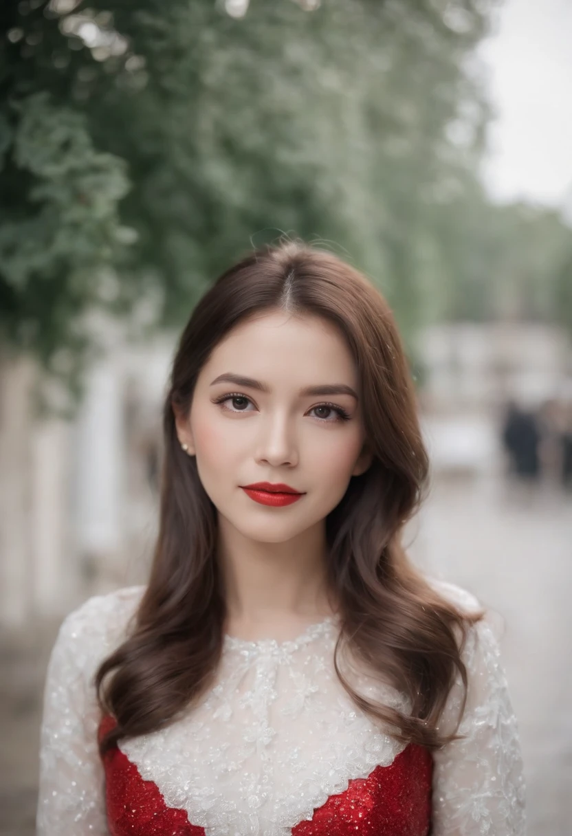 A beautiful lady，A slight smile on the face，Long hair with black shawl，sparkle in eyes。She wore a white blouse，Red skirt，white Heels，Face the camera head-on