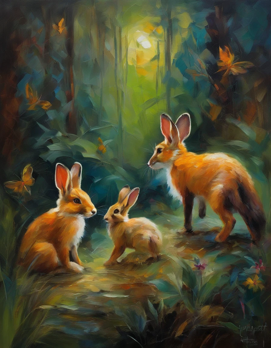 Rabbits group, fox in behind, night jungle scenery