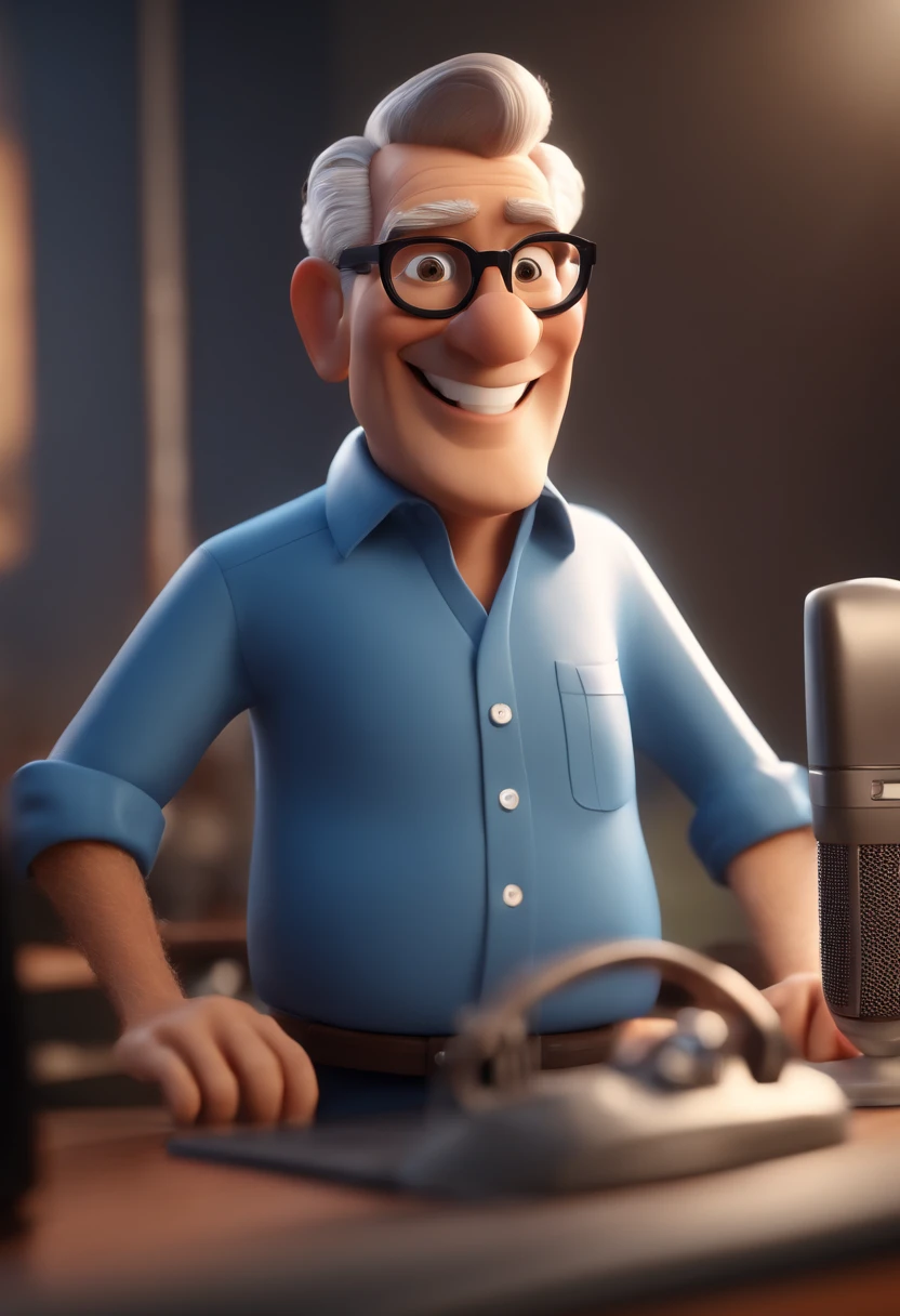 Cartoon character of a 65-year-old man in radio studio smiling black glasses and a blue shirt, animation character, Caractere estilizado, animation style rendering, 3D estilizado, Arnold Maya render, 3 d render stylized, toon render keyshot, Personagem 3D, Personagem 3D, 3d rendering stylized, 3 d character render, personagem de desenho animado, Personagem de close up, Pose de personagem, (Estilo Pixar) (master part:1.2) (Bokeh) (best quality) (pele detalhada) (textura detalhada) (8k) (argila) (Cinematic lighting) (foco nítido