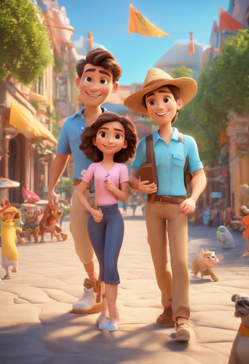 Cartoon of friends having fun on vacation together, 3D Animation Movie Poster, Poster de filme animado, pixar 3 d animation style, pixar renderman rendering, maia 8 mil, animated film, Disney Pixar Estilo 3D, amigos felizes saem juntos, all wearing light blue shirts and cream brown long pants, camisa azul clara, cream brown pants, ao ar livre, vacation, Disney Pixar Animation Poster