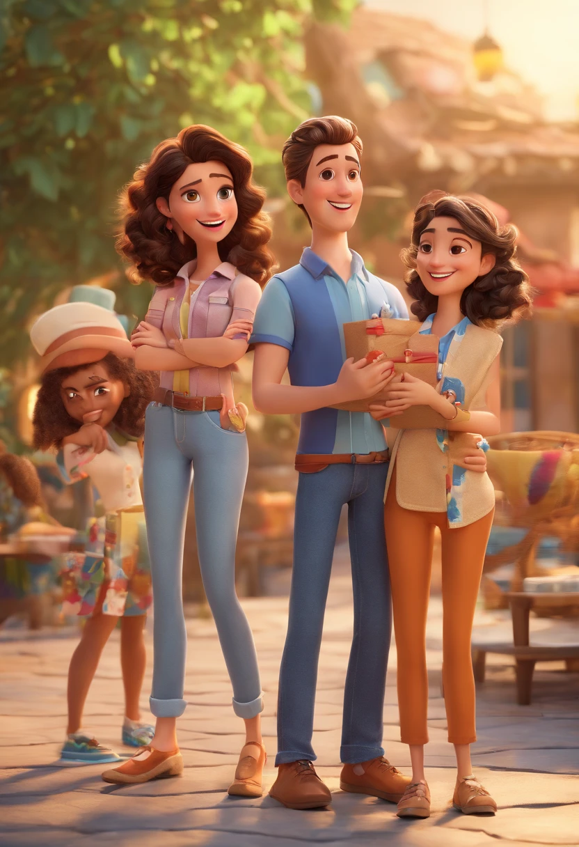 Cartoon of friends having fun on vacation together, 3D Animation Movie Poster, Poster de filme animado, pixar 3 d animation style, pixar renderman rendering, maia 8 mil, animated film, Disney Pixar Estilo 3D, amigos felizes saem juntos, all wearing light blue shirts and cream brown long pants, camisa azul clara, cream brown pants, ao ar livre, vacation, Disney Pixar Animation Poster