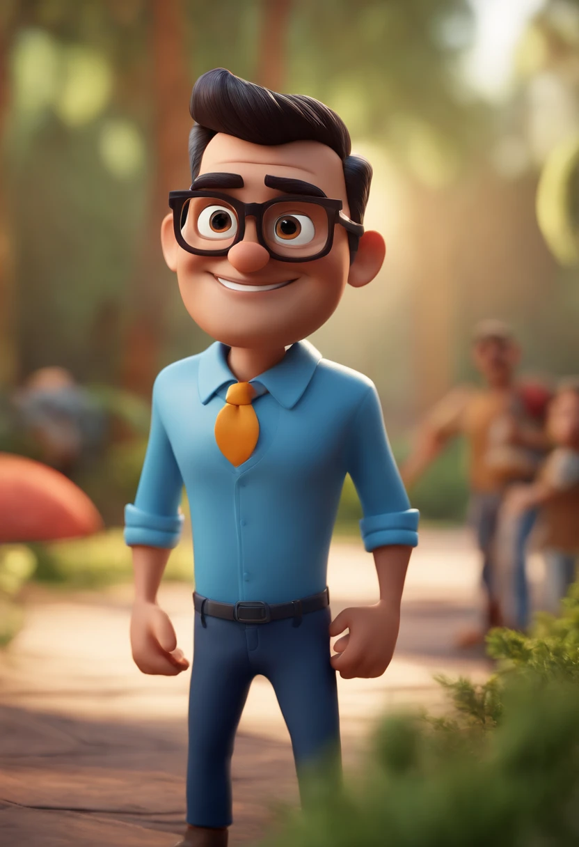 Cartoon character of a man with black glasses and a blue shirt, animation character, Caractere estilizado, animation style rendering, 3D estilizado, Arnold Maya render, 3 d render stylized, toon render keyshot, Personagem 3D, Personagem 3D, 3d rendering stylized, 3 d character render, personagem de desenho animado, Personagem de close up, Pose de personagem,  (Estilo Pixar) (master part:1.2) (Bokeh) (best quality) (pele detalhada) (textura detalhada) (8k) (argila) (Cinematic lighting) (foco nítido