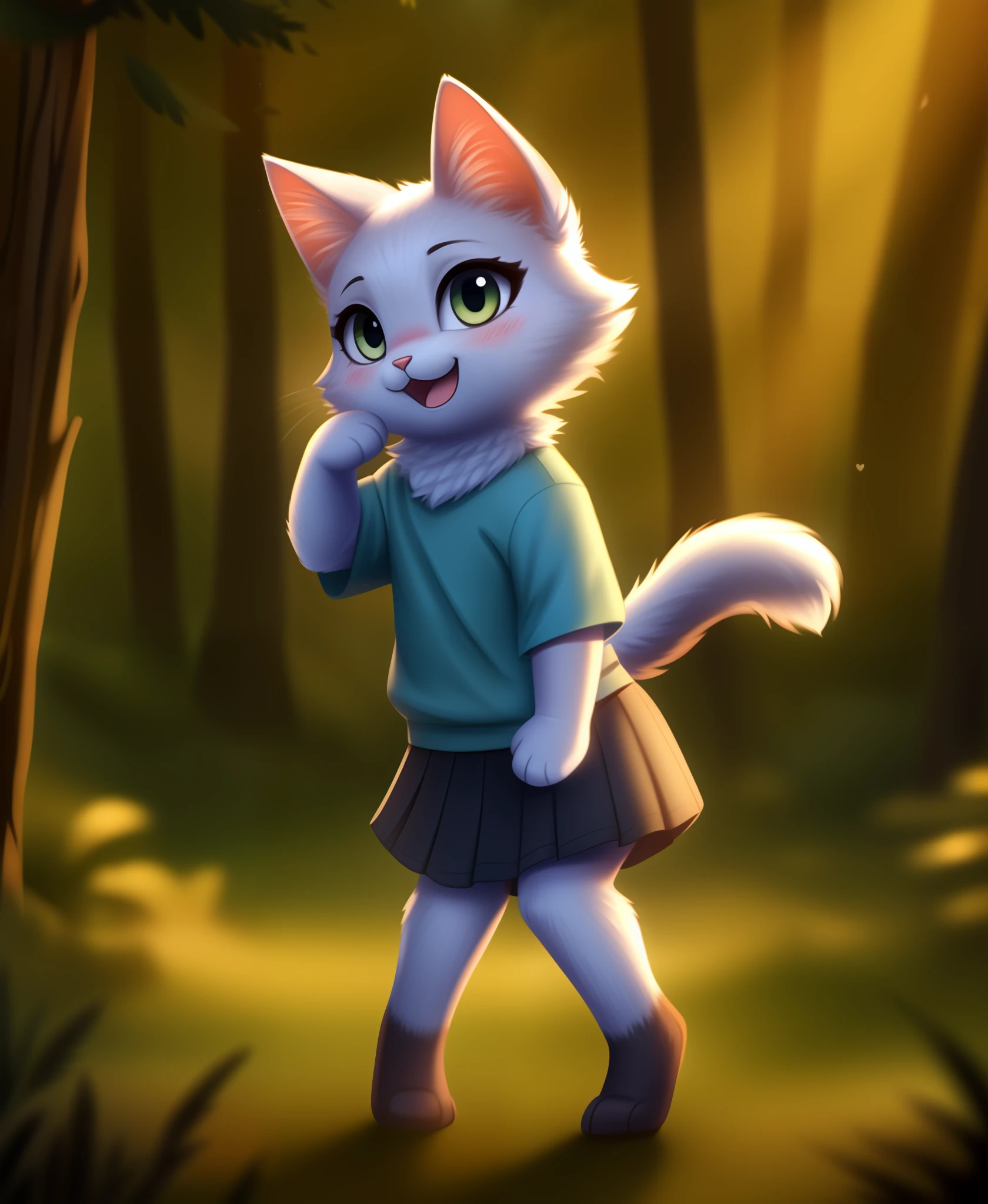 ( furry body) , (realistic fur) , standing, fluffy tail, blush, (:3), species that looks like a cross between  girl and a  cat, a happy ,dancing, cinematic lighting ,4k, in the forest, cute