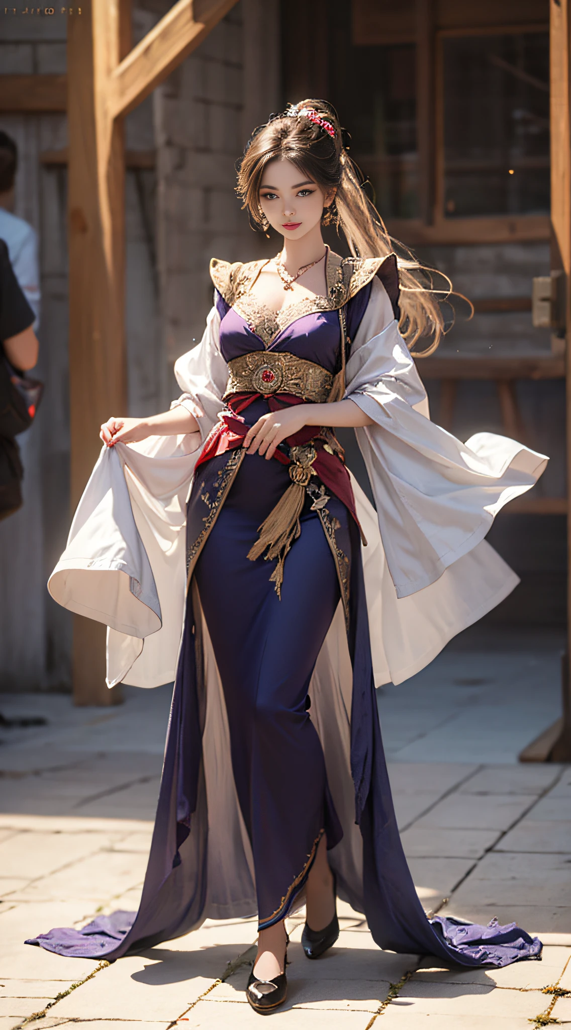 1 beautiful girl in Han costume, White thin purple silk shirt,Full of texture, white lace top, Long purple platinum ponytail hair, jewelry, ear jewelry, necklace and necklace, meticulously drawn large purple eyes, Detailed makeup, Thin eyebrows, High nose, Beautiful red lips, no smile, pursed lips, rosycheeks, Wide breasts, Big breasts, Proportional breasts, Slim waist, Purple fishnet socks, chinese hanfu style, fictitious art textures, The colors are vivid and true to life, RAW photo, Realistic photo, ultra high quality 8k surreal photos, (effective fantasy light effect: 1.8), 10x pixel, Magical effect (Background): 1.8), hyper detail eyes, Full body portrait of girl , Chinese royal background