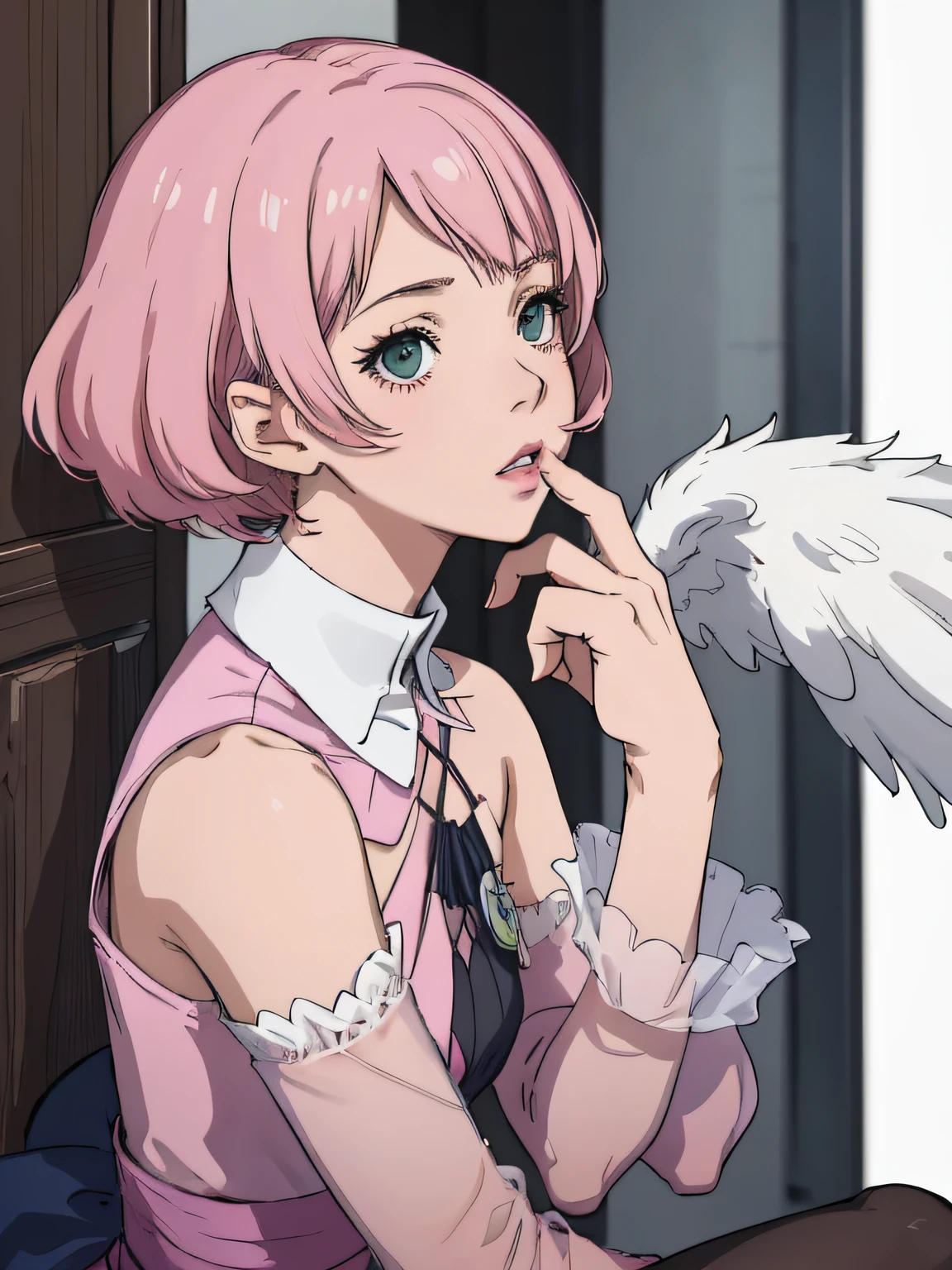 Alisa bosconovitch, melhor qualidade, contemporary, estilo plano, minimalismo, Green Eyes Flat Illustration, cabelo rosa, cabelo curto, cabelos multicoloridos, Camisa Preta, mechanical wings, Head Portrait Close-U, peito pontudo, decote, super decote, middlebreasts, Tekken，cabelo rosa pastel, 1girl, em quimono, hand-painted，Desenho de linha sem cor, colorida do yandere pastel, Tekken, Super cute pink hair girl with gothic makeup on the side, com roupa de empregada，figura esbelta，robusto，He sat on the floor，Vestido com roupas de empregada rosa e branco，cabelos muito curtos，com orelhas de gato，quadratic element，, kawaii cor-de-rosa na roupa da era de 1910, Alisa Bosconovich pink lips, no estilo da paleta de cores suave aurorapunk, an anime illustration of his face, gifs animados, hand drawn animation, charming sketches, suave e brilhante, romantismo nebuloso, Estilo Superflat, fundo branco - ar 1:1 - niji 5 - estilo expressivo --s 50 ,Pink kawaii girl in the era of 1920s clothesPink eagles, vestindo uma camisa branca brilhante, no estilo da paleta de cores suave aurorapunk, an anime illustration of his face, gifs animados, hand drawn animation, charming sketches, suave e brilhante, romantismo nebuloso, Estilo Superflat, fundo branco - ar 1:1 - niji 5 - estilo expressivo --s 50, Absurdo, Alto, ultra detalhados, (1girl:1.3), quebrar , Crie uma imagem com uma bela caligrafia