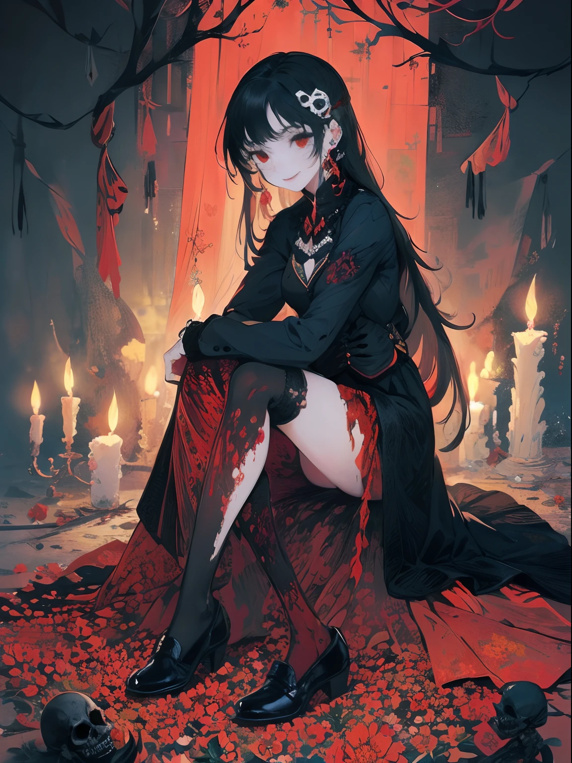 masterpiece, best quality, intricately detailed, a woman, beautiful, elegant, smile, blood, iridescent long hair, bangs, skirt, shirt, long sleeves, frills, shoes, (red and black:1.4), flower, creepy, horror, skulls, long hair, black hair, candle, blood, hair flower, solo, hair ornament, bone, sitting, doll, skull, skeleton,  horror (theme)