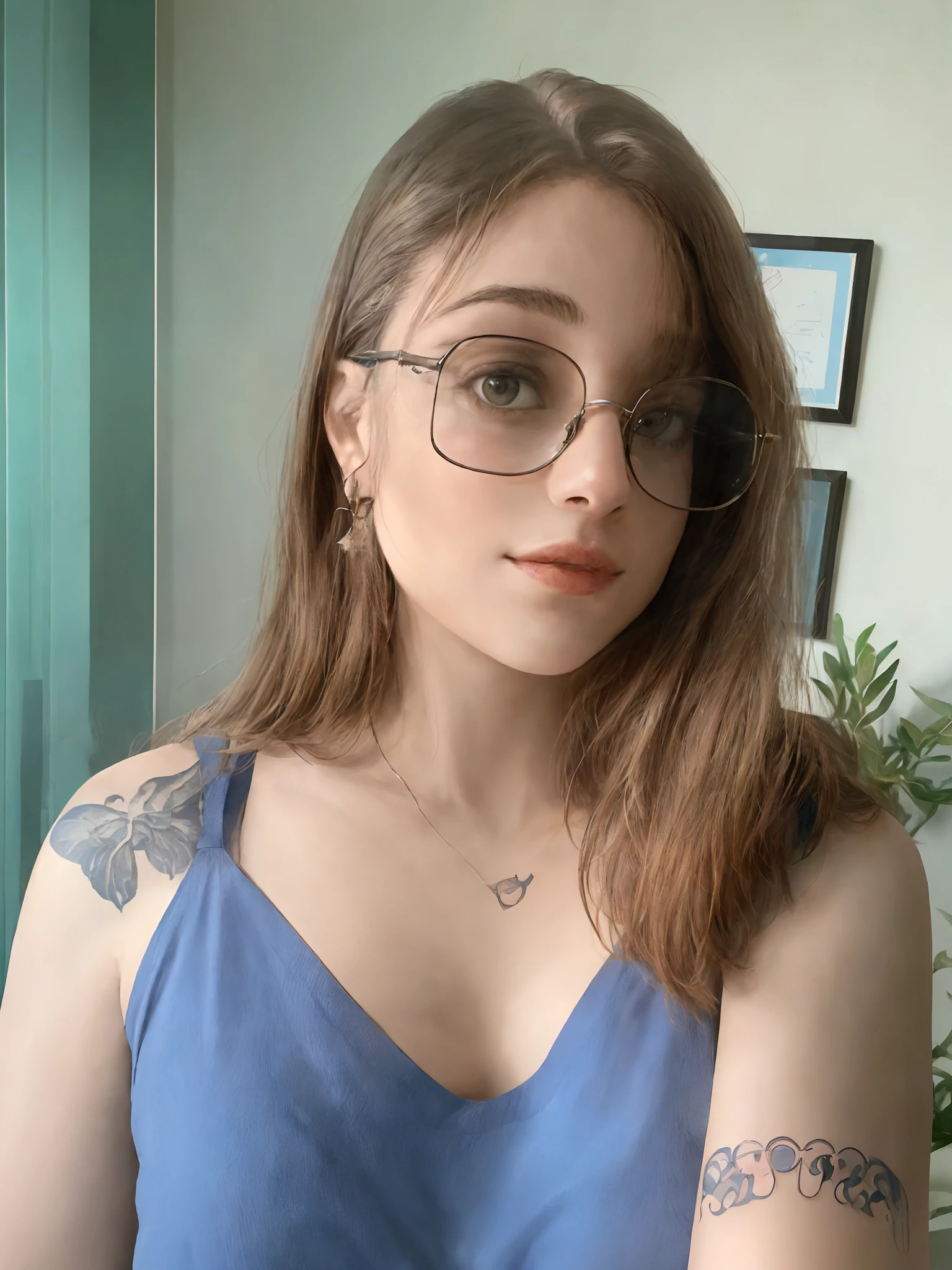 Woman with glasses and a blue top holding a mobile phone, wearing small round glasses, Jovem mulher na casa dos 20 anos, wearing thin large round glasses, blue rimmed glasses, foto de perfil headshot, wearing square glasses, halfbody headshot, escamas no peito, She wears Harry Potter glasses, usando uma camiseta regata de corte baixo, com tatuagens, thick glasses
