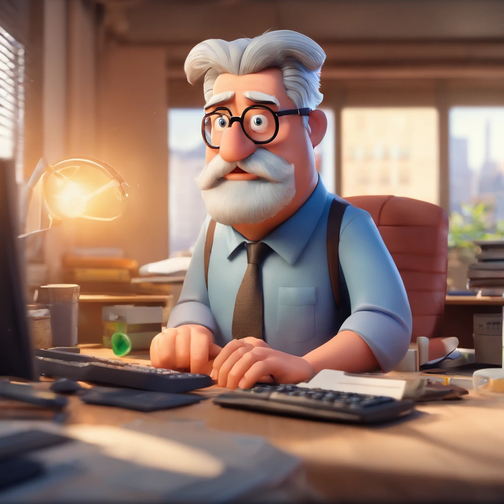 Crie um cartaz inspirado na Disney Pixar com o personagem sendo o pastor Rubens Janier, A gray-haired man wearing glasses, in an office with a computer on the desk. The man has beard and is chubby.