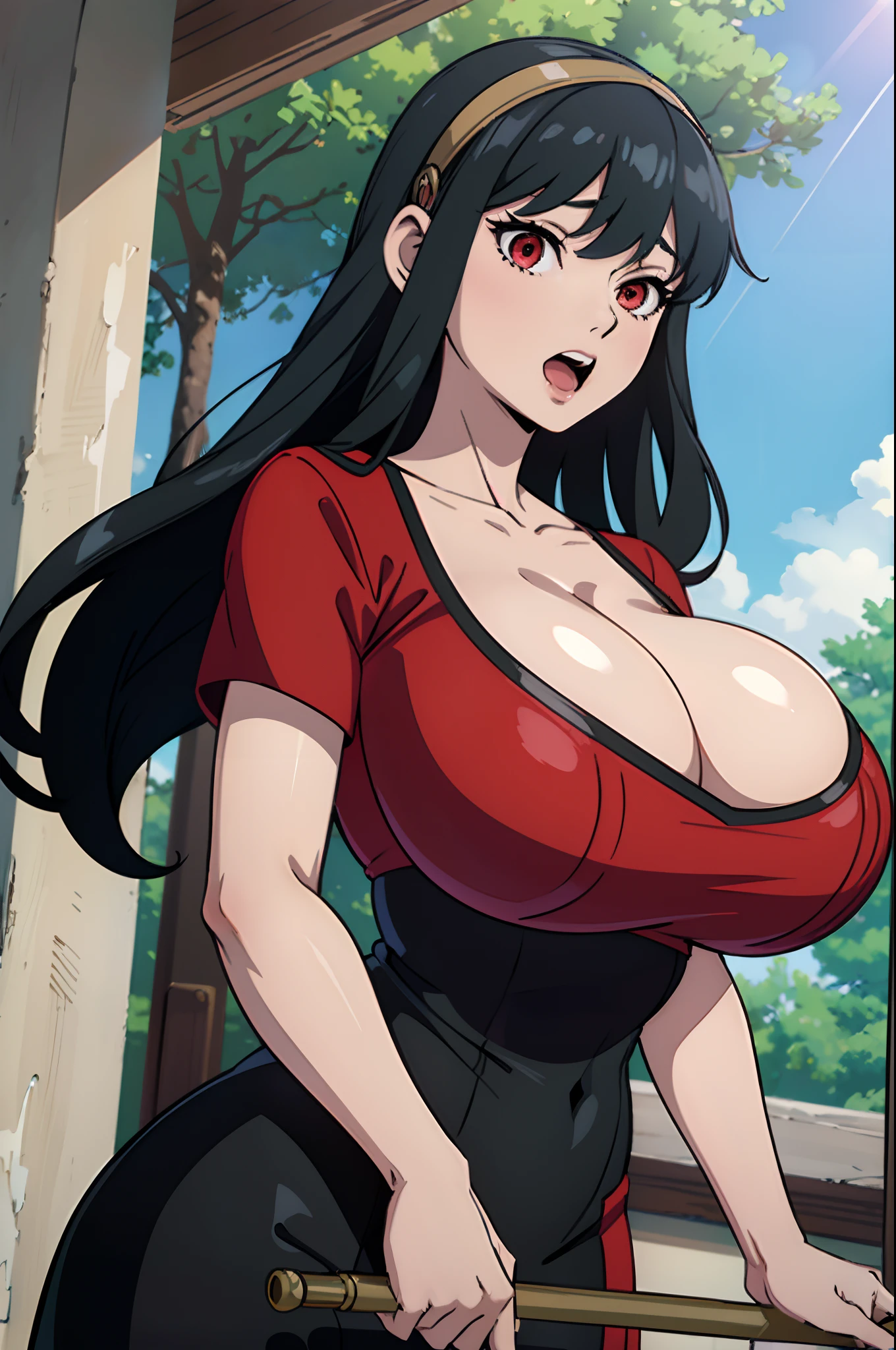 masterpiece, best quality, ultra-detailed, illustration, colorful, flat color, depth of field, lens flare, 1girl, yor briar, black hair, red eyes, medium hair, hair orbament, anime, (shortstack), (shortstackBT), (closeup), (upper body), cowboy shot, looking at viewer, at forest, (black dress, head band), short height, detailed skin texture, beautiful detailed face, open mouth, excited, inviting, seductive, alluring attire, collarbone, muscular female, fit, (gigantic breasts, massive breasts, huge breasts, curvy, voluptuous, curvaceous, milf)