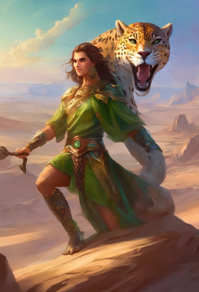 anthropomorphic, Jaguar, Female, green colored eyes, Hair tied in a ponytail, Brown, In Dragon Armor, portraite of a, against the backdrop of the desert, grinning, Holds a sword in his paw, great quality