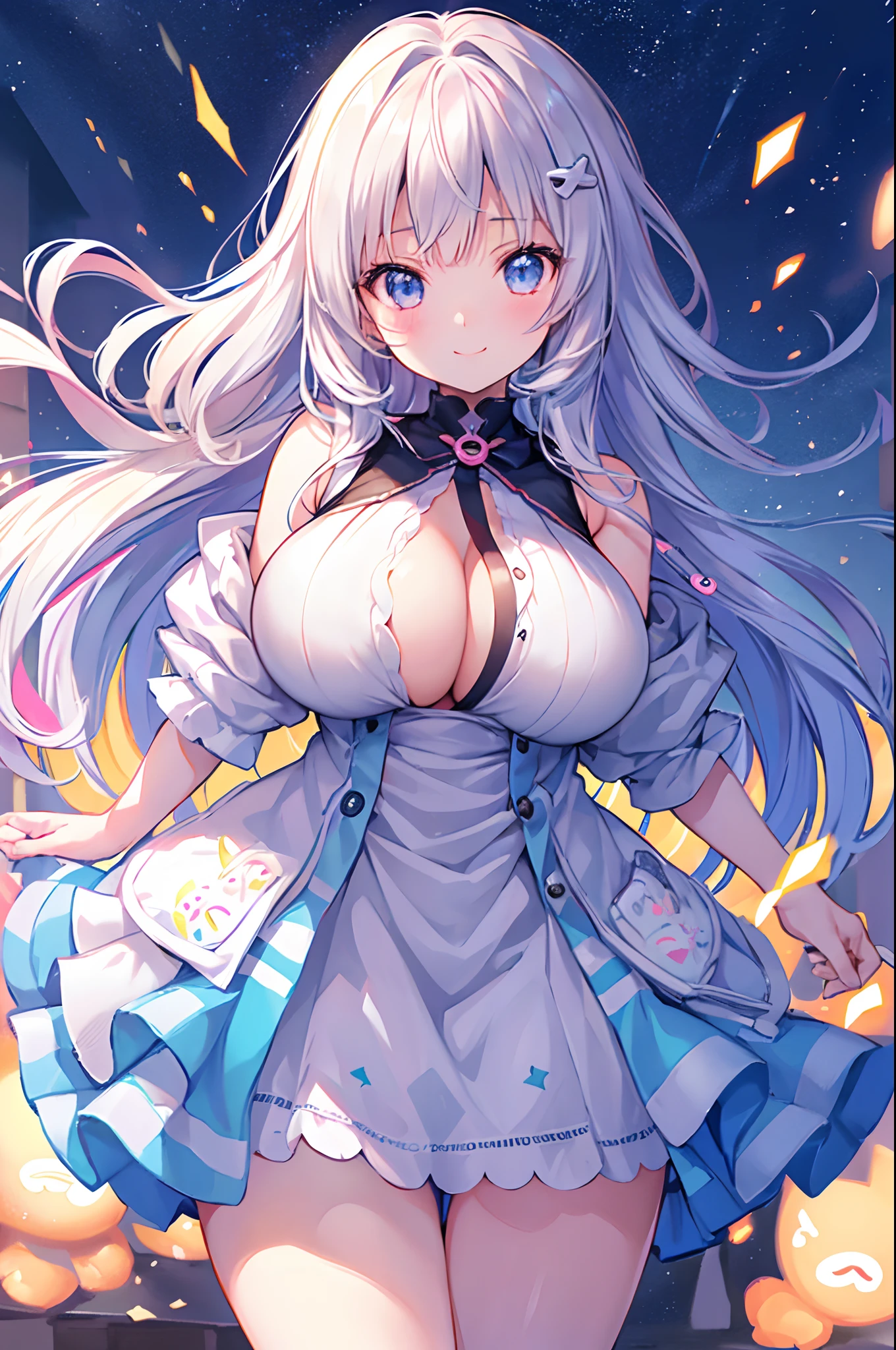 Mofumofu、oxytocin、(Best Quality), (Round face: 1), 1 girl, (High Detail Skin: 1.2), (Puffy eyes), Smile, Soft lighting, High quality, Professional Lighting, Photon mapping, ultra gigantic tits、Physically Based Rendering,