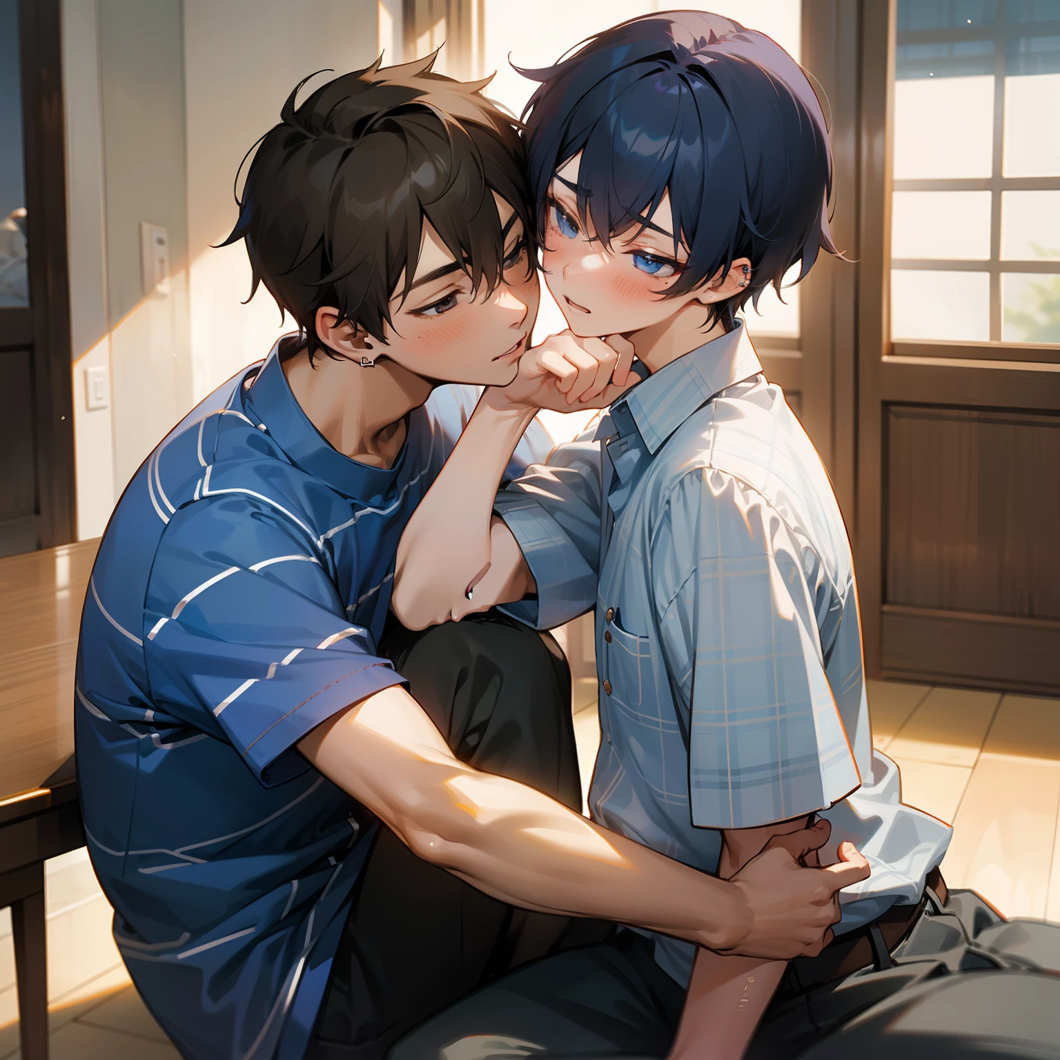 a room、Two people sitting on the floor of a room drinking alcohol、The table、Drunken Man、Sit next to you、Lean on the man next to you、Pampering、Yaoi、Two men、A dark-haired、male-centered、The shirt、Blue plaid shirt、shorth hair、White and light grey plaid shirt、mole under mouth、Staring at others、in a house、耳Nipple Ring、Simple piercing、Opening Mouth、See our partners、Far from the camera、the kiss、red blush