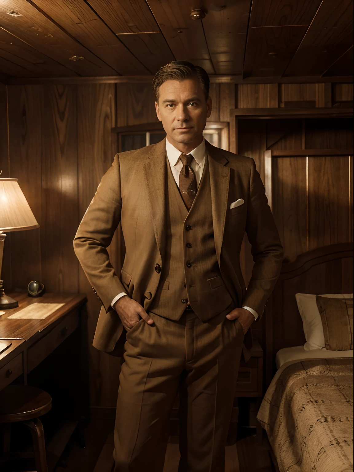 medium shot, full body portrait, man of ordinary appearance, 45-year-old man,1920s suit, athletic, in a 1920s ocean liner cabin,standing next to a chessboard table, (best quality,4k,8k,highres,masterpiece:1.2), ultra-detailed, (realistic,photorealistic,photo-realistic:1.37), vintage atmosphere, detailed wood paneling, cozy and warm lighting, subtle shades of sepia