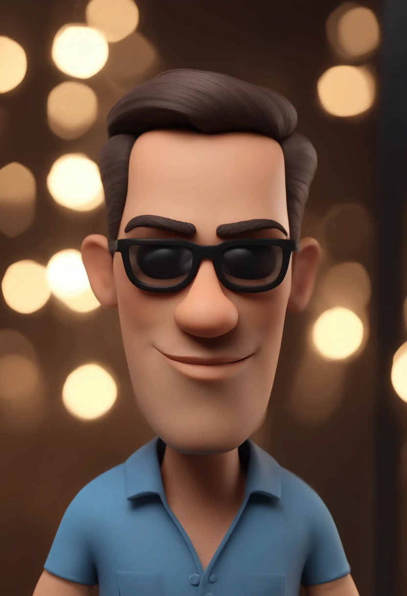 Cartoon character of a man with black glasses, cabelo cacheado marrom escuro e uma camisa azul, animation character, Caractere estilizado, animation style rendering, 3D estilizado, Arnold Maya render, 3 d render stylized, toon render keyshot, Personagem 3D, Personagem 3D, 3d rendering stylized, 3 d character render, personagem de desenho animado, Personagem de close up, Pose de personagem, (Estilo Pixar) (master part:1.2) (Bokeh) (best quality) (pele detalhada) (textura detalhada) (8k) (argila) (Cinematic lighting) (foco nítido