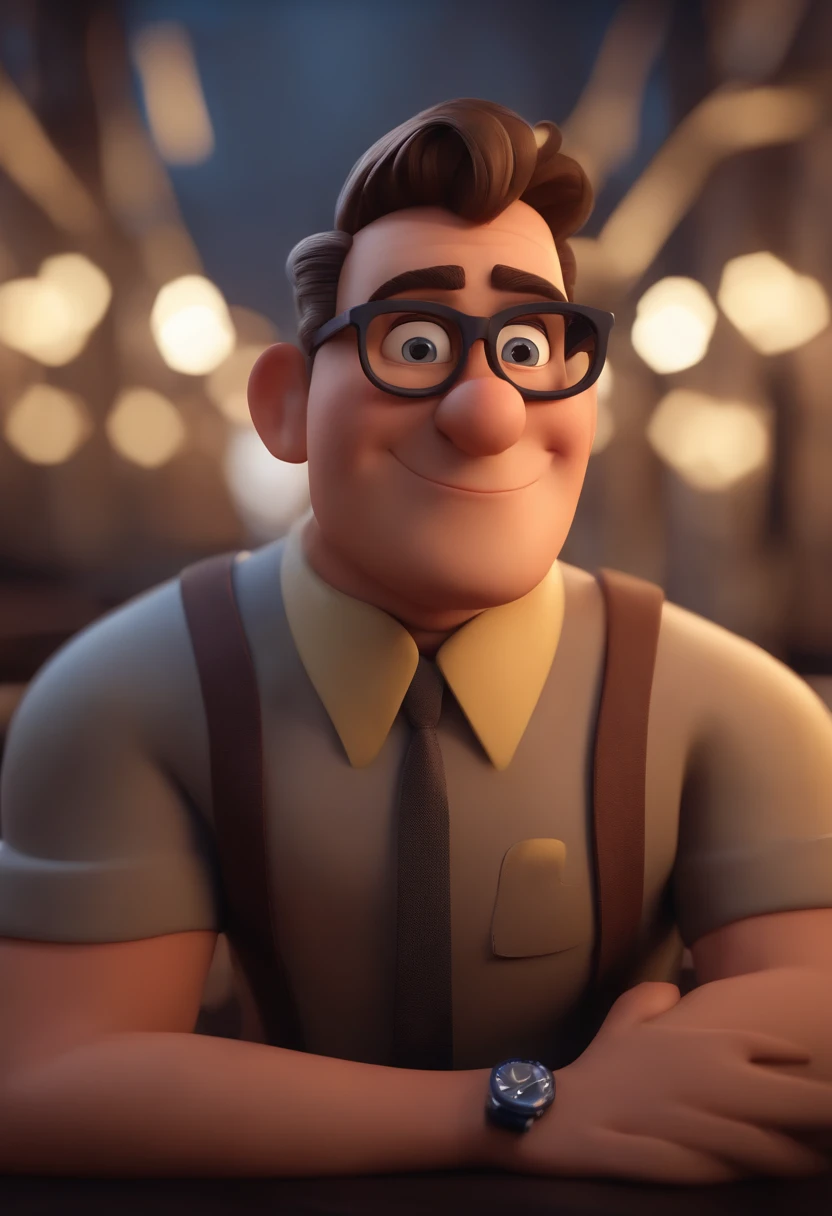 Cartoon character of a man with black glasses, cabelo cacheado marrom escuro e uma camisa azul, animation character, Caractere estilizado, animation style rendering, 3D estilizado, Arnold Maya render, 3 d render stylized, toon render keyshot, Personagem 3D, Personagem 3D, 3d rendering stylized, 3 d character render, personagem de desenho animado, Personagem de close up, Pose de personagem,  (Estilo Pixar) (master part:1.2) (Bokeh) (best quality) (pele detalhada) (textura detalhada) (8k) (argila) (Cinematic lighting) (foco nítido