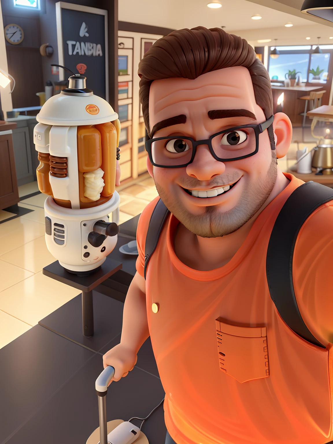 Um gordinho de cabelo cortado em volta de uma cadeira de barbeiroaltura de 1,70, illuminated by the light of a lamp, contra o pano de fundo de uma barbearia