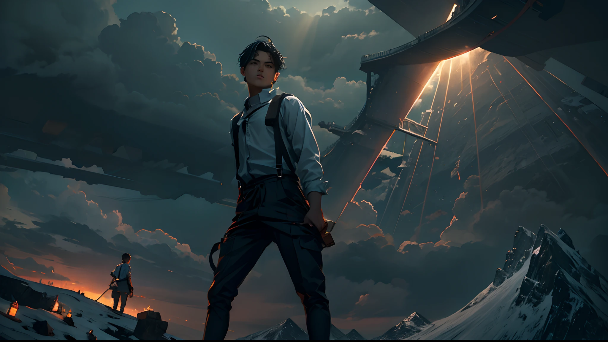 nigth,darkly,dark cloude,Suspenders,Stand on top of the mountain with your feet,middle parted hairstyle,Boy student