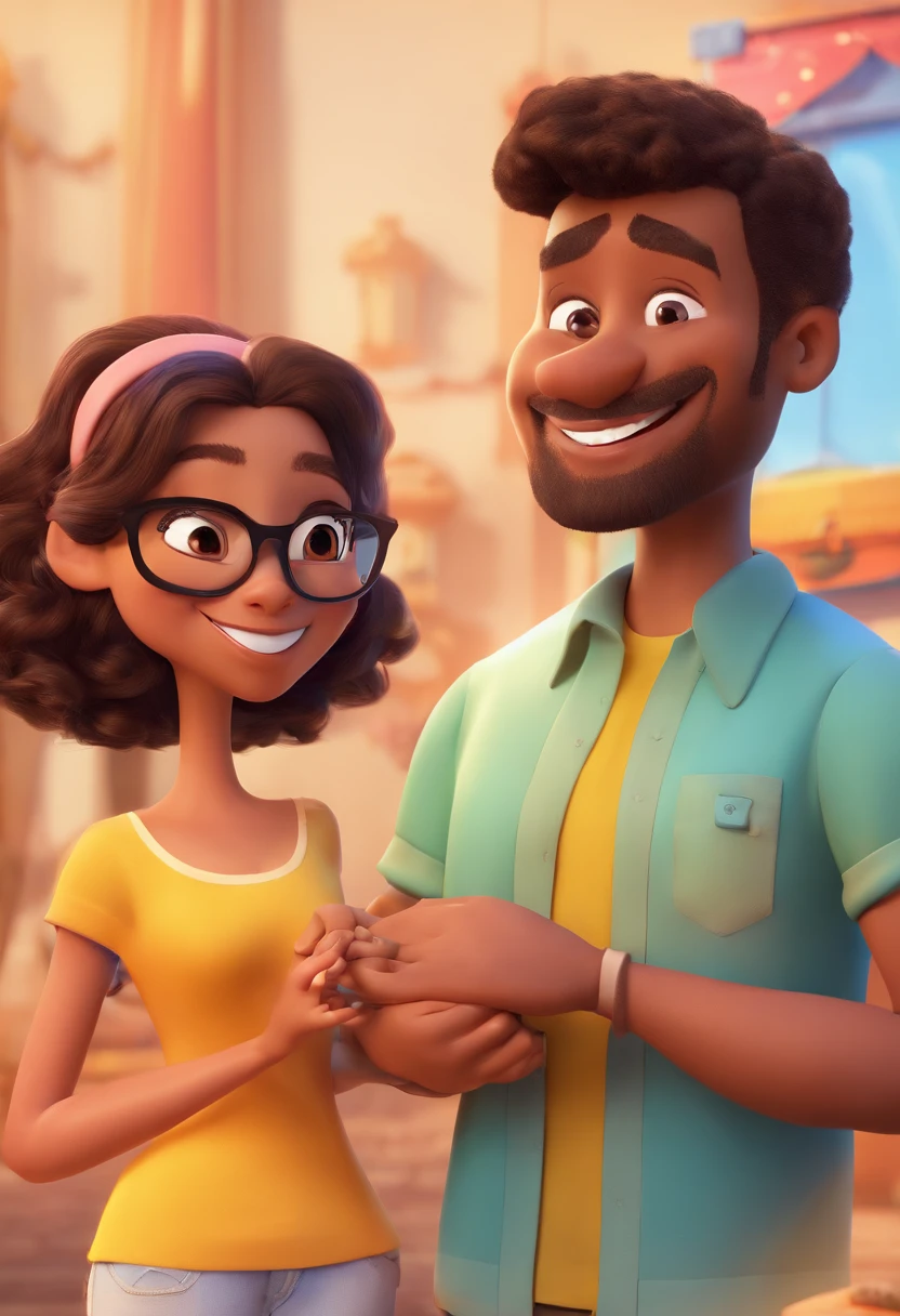 An illustration of an adorable couple, Highlight for a chubby mulatto man with glasses smiling and a brunette woman with beautiful expressive eyes - the man's skin is mulatto and the man's hair haswhile the woman's skin is black and the woman's hair is straight and brown. They are a bright room, cada um com um sorriso no rosto, e compartilhar um momento especial caracterizado pelo amor, Insights. Illustrate this scene from a perspective where they are facing the camera, Smiling and Showing Your Connection. Desenvolva esta arte em Full HD, Focus on your cinematic touch, Estilo Disney Pixar Animations