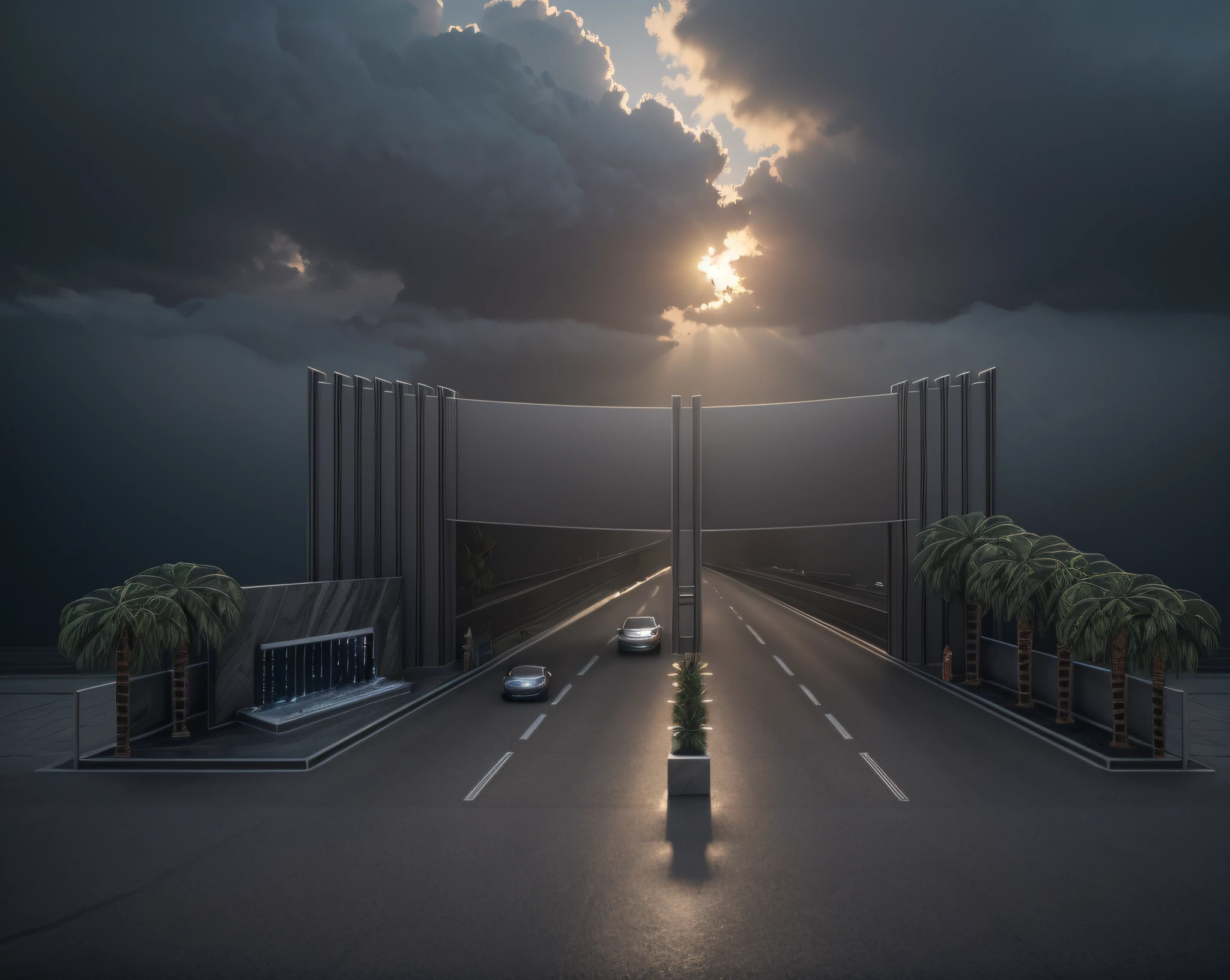 photo realistic, hd high res ultra high quality modern TOWN ENTRANCE, dark Grey marble full FACADE, trees, two lane ROAD both side,car,left hand side there is a water fountain,in center of the mage there is a secuirity office for the guards, perfect composition, beautiful detailed intricate insanely detailed octane render trending on attestation, 8 k artistic photography, photo realistic concept art, soft natural volumetric cinematic perfect light, chiaroscuro, award - winning photograph, masterpiece, 3d rendering, front view plan, realistic,hyper realistic, intricate details,hd details,128k,(sharp lines)(use vivid colors)(3d rendering)(Grey marble facade)