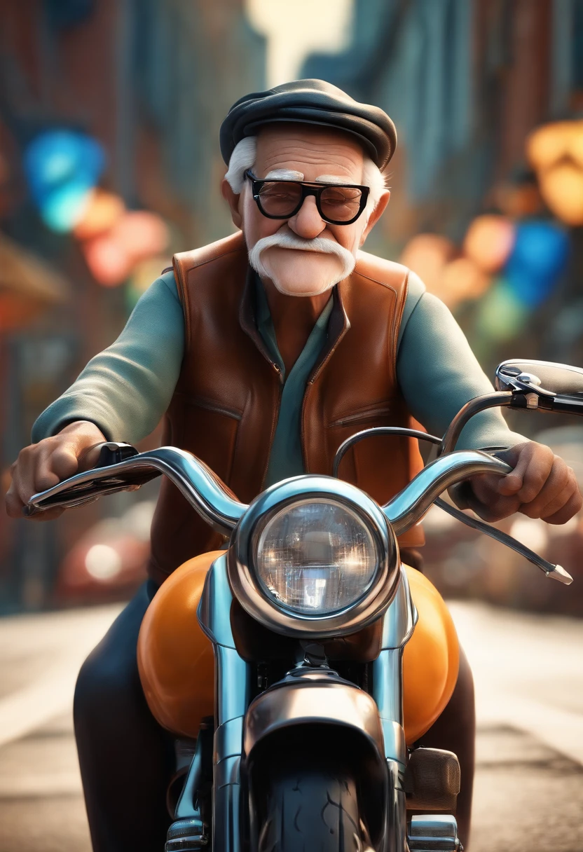 a 3D Disney Pixar style poster of an elderly man with glasses, pilotando uma Harley Davison 883 em um passeio de motocicleta