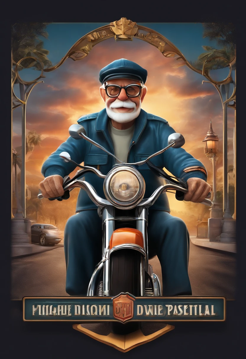 a 3D Disney Pixar style poster of an elderly man with glasses,  pilotando uma Harley Davison 883 em um passeio de motocicleta