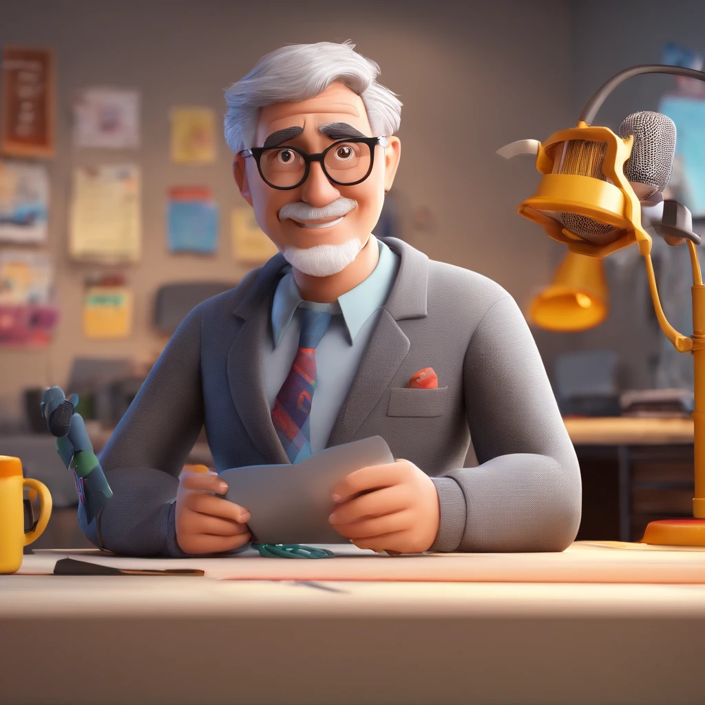 Crie um cartaz inspirado na Disney Pixar com o personagem sendo radialista , A short gray-haired man wearing glasses, em with a and a microphone in a radio studio and a little white beard