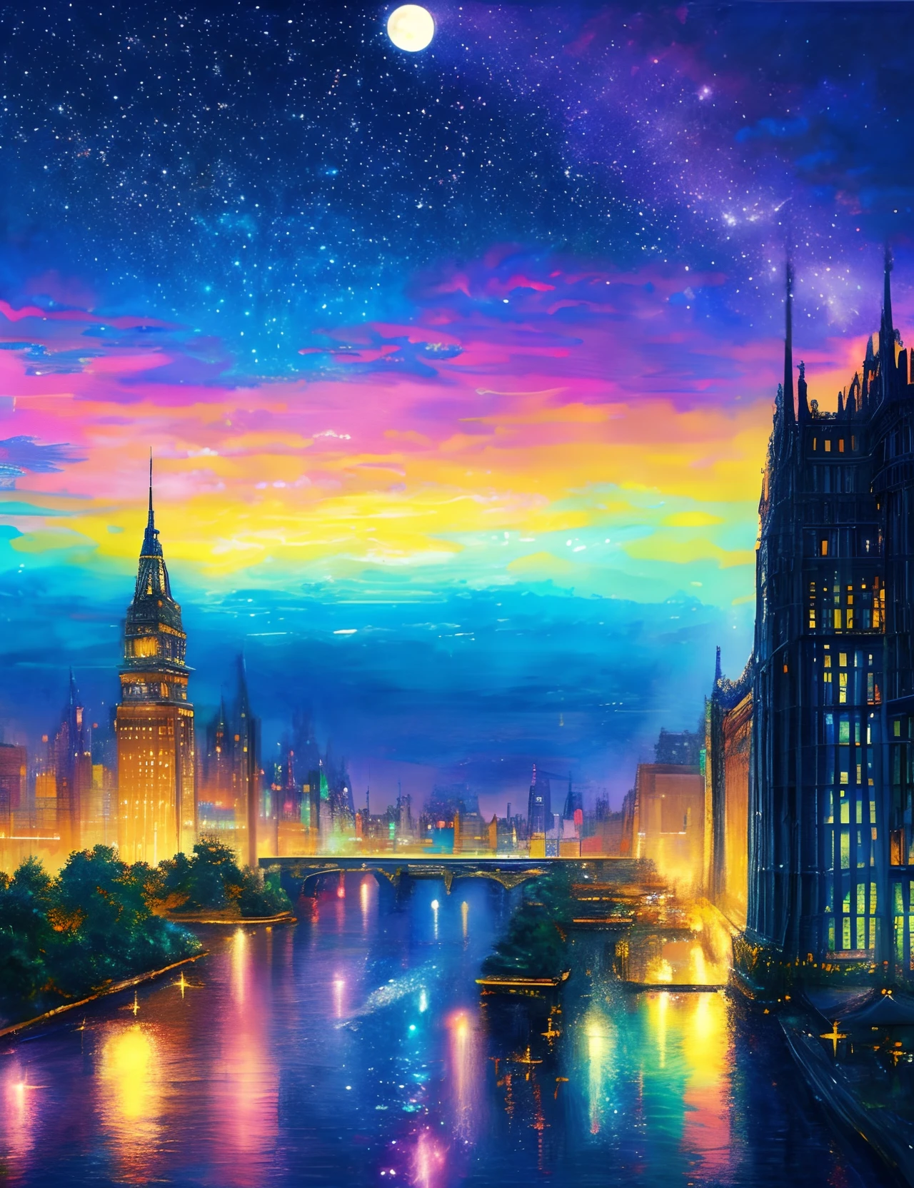 Colorful Metropolitan Museum of Art、River painting with stars and moon in rainbow sky、the met、Shining skyscrapers、Shine across the board、Skyscrapers、Concept art inspired by Mitsuoki Tosa、pixiv contest winners、top-quality、Fantasyart、beautiful anime scene、Bright moon、Moonlit star environment、Dream painting、Anime Background Art、Fantasy landscape art、fantasy knight、anime backgrounds、background artwork、Fantastic art、atmospheric anime、starrysky、Detail has been enhanced。