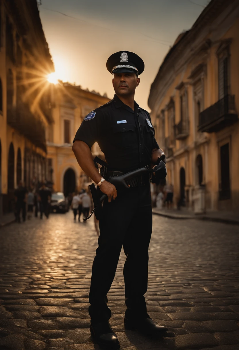 Um policial negro, (best quality,4k,8k,Altas,master part:1.2), ultra-detalhado, (Realistic,fotorrealista,photo-realistic:1.37), Retratos, vivid colors, studio lighting, foco nítido, profissional, olhar intenso, authoritative presence, postura confiante, uniforme policial elegante, emblema brilhando na luz, precision in every detail, strong build, Quatro estrelas no ombro, postura poderosa, Determined expression, Fundo movimentado da cidade, dynamic atmosphere, patrulhamento das ruas, proteger a comunidade, luzes da cidade refletindo em seu uniforme, Imposing buildings, vislumbre de uma cena de crime, reassuring presence, Dedicated to Justice, Symbol of law and order, action-packed scene, Hero of the City, energetic composition, sombras e realces profundos, dramatic lighting, paleta de cores vibrante e rica.