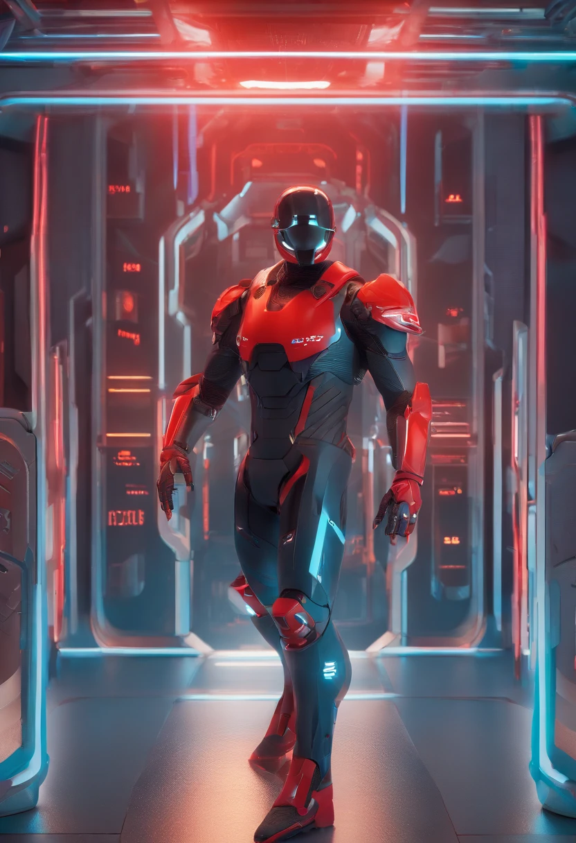 (extremely detailed CG unity 8k wallpaper,masterpiece),(best illumination, best shadow, an extremely delicate and beautiful),(1boy),blue eyes, dark hair,red and black sci-fi bodysuit,neck seal,high-tech sci-fi hallway, dynamic pose, detailed machinery, sleek design.