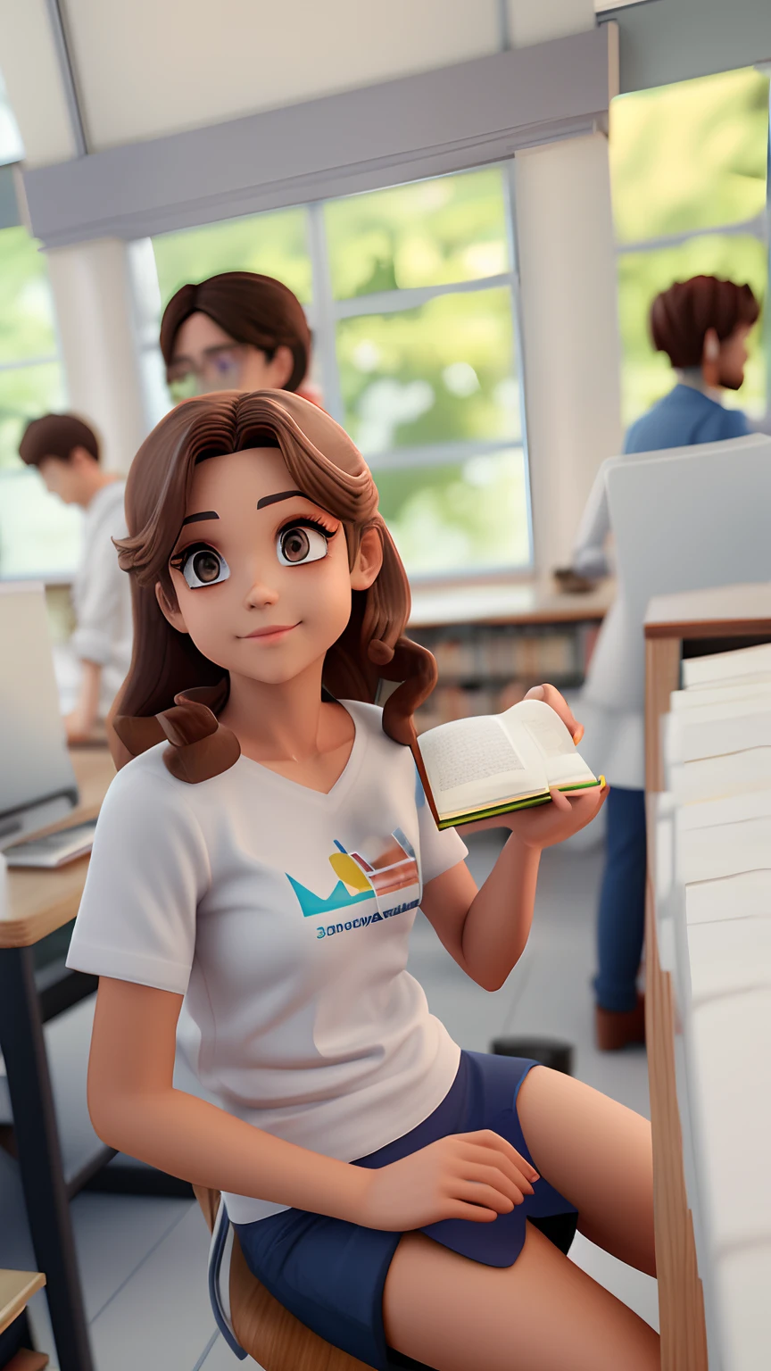 Menina dos desenhos animados sentada em uma cadeira segurando um livro em uma biblioteca, semi-realistic rendering, render de uma menina anime 3d bonito, bonito 3 d render, high res render, estudante, Atey Ghailan 8 K, promotional render, art render, super detailed rendering, animation style rendering, renderizado no liquidificador, Librarian, stylized as a 3d rendering