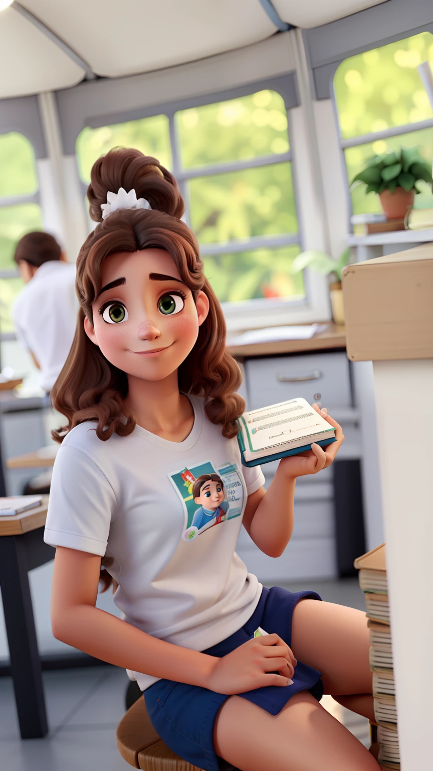Uma bela jovem de cabelo longo cacheado, sentada lendo um livro na varanda