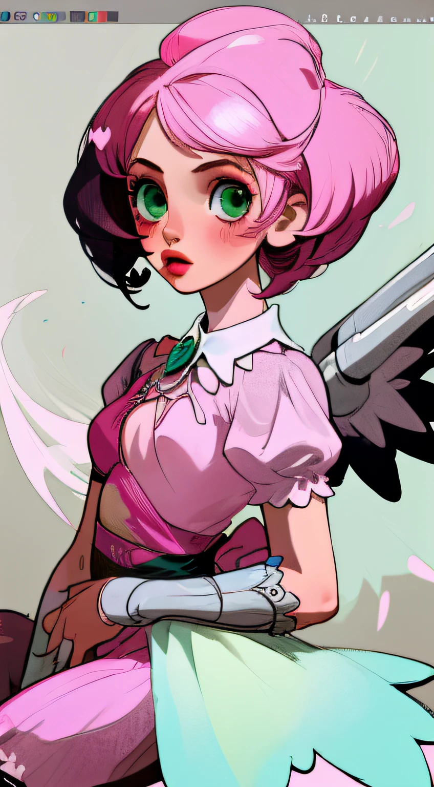 Alisa bosconovitch, melhor qualidade, contemporary, estilo plano, minimalismo, Green Eyes Flat Illustration, cabelo rosa, cabelo curto, cabelos multicoloridos, Camisa Preta, mechanical wings, Head Portrait Close-U, peito pontudo, decote, super decote, middlebreasts, Tekken,cabelo rosa pastel, 1girl, em quimono, hand-painted,Desenho de linha sem cor, colorida do yandere pastel, Tekken, Super cute pink hair girl with gothic makeup on the side, com roupa de empregada,figura esbelta,robusto,He sat on the floor,Vestido com roupas de empregada rosa e branco,cabelos muito curtos,com orelhas de gato,quadratic element,, kawaii cor-de-rosa na roupa da era de 1910, Alisa Bosconovich pink lips, no estilo da paleta de cores suave aurorapunk, an anime illustration of his face, gifs animados, hand drawn animation, charming sketches, suave e brilhante, romantismo nebuloso, Estilo Superflat, fundo branco - ar 1:1 - niji 5 - estilo expressivo --s 50 ,Pink kawaii girl in the era of 1920s clothesPink eagles, vestindo uma camisa branca brilhante, no estilo da paleta de cores suave aurorapunk, an anime illustration of his face, gifs animados, hand drawn animation, charming sketches, suave e brilhante, romantismo nebuloso, Estilo Superflat, fundo branco - ar 1:1 - niji 5 - estilo expressivo --s 50, Absurdo, Alto, ultra detalhados, (1girl:1.3), quebrar , Crie uma imagem com uma bela caligrafia