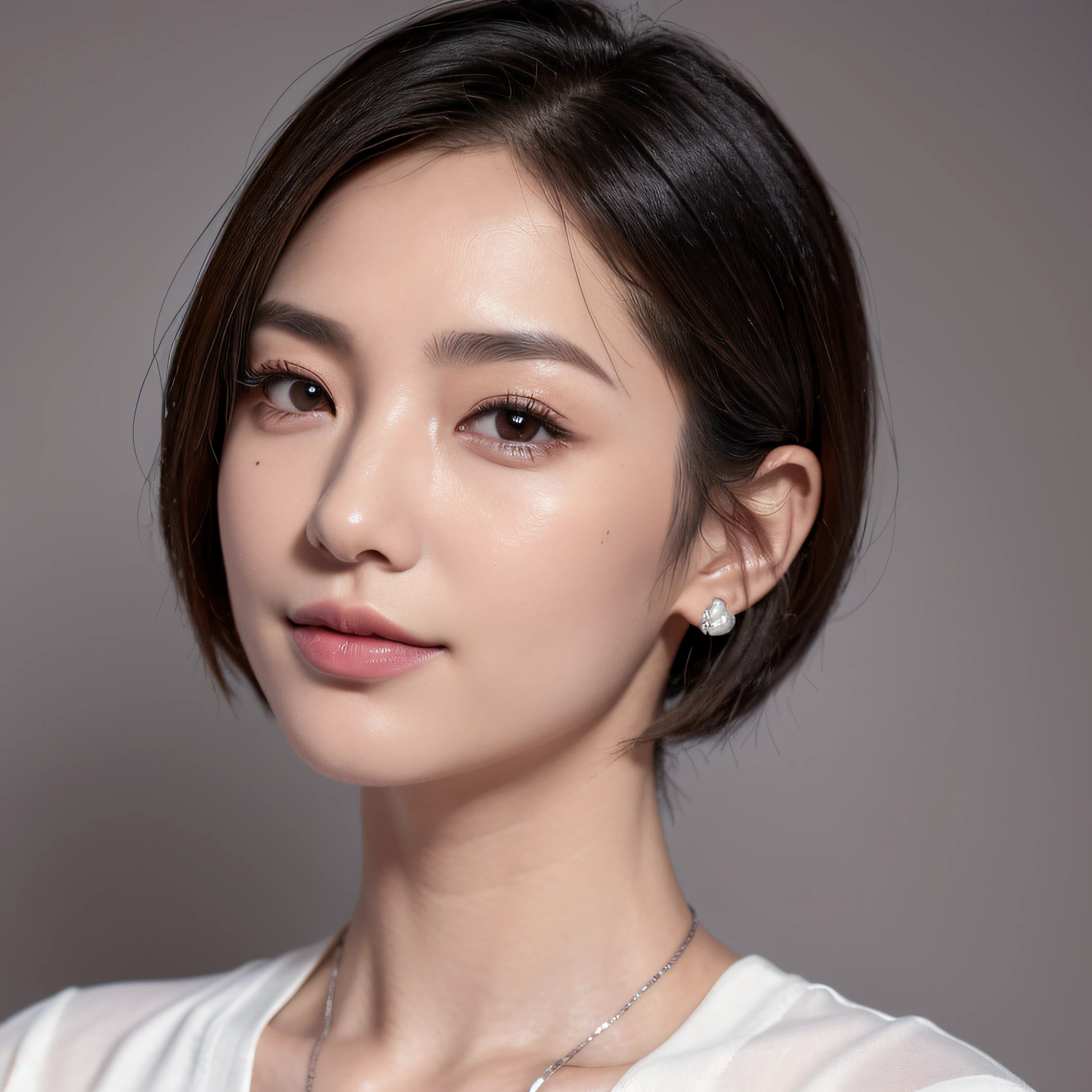 (8K, top-quality, masterpiece:1.3, 超A high resolution, A hyper-realistic), High Detail, (Face like the real thing), Photorealsitic, Raw foto, ((one beautiful women)), Detailed face, beautidful eyes, realisticeyes, Eyes in Beautiful Details, (real looking skin), Beautiful skins, enticing, depth of fields, hight resolution, High pixel count, ((Sideways face, Looking away, Don't look your audience in the eye, Don't look at the camera)), fashionable cafe, The background is also in the picture, clear details, sharp photo, Natural color reproduction, Noise Reduction, High fidelity, Small pendant in silver color, A small necklace in silver color, (Wine-colored light knit U-neck shirt, Neat and clean clothing, Clothes that make it difficult to see the chest, Clothes that do not show the chest), small tits, Sexy lips, Ears are visible, a smile, kindly smile, Beautiful skins, enticing, the golden ratio, (Detal Face:1.2), profetional lighting, Lighting the face, best light, japanes, A Japanese Lady, Japan Mature Woman, Short Bob Hair, ((45 yers old, Beautiful, Wrinkles on the face, Wrinkles at the corners of the eyes, Nasolabial fold wrinkles, Small wrinkles, Beautiful, Beautiful Aunt, Moderate moles, Small mole on the face))