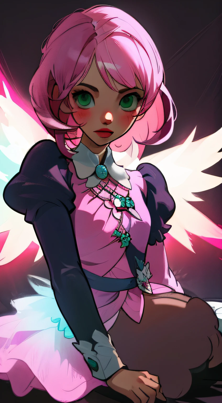 Alisa bosconovitch, melhor qualidade, contemporary, estilo plano, minimalismo, Green Eyes Flat Illustration, cabelo rosa, cabelo curto, cabelos multicoloridos, Camisa Preta, mechanical wings, Head Portrait Close-U, peito pontudo, decote, super decote, middlebreasts, Tekken,cabelo rosa pastel, 1girl, em quimono, hand-painted,Desenho de linha sem cor, colorida do yandere pastel, Tekken, Super cute pink hair girl with gothic makeup on the side, com roupa de empregada,figura esbelta,robusto,He sat on the floor,Vestido com roupas de empregada rosa e branco,cabelos muito curtos,com orelhas de gato,quadratic element,, kawaii cor-de-rosa na roupa da era de 1910, Alisa Bosconovich pink lips, no estilo da paleta de cores suave aurorapunk, an anime illustration of his face, gifs animados, hand drawn animation, charming sketches, suave e brilhante, romantismo nebuloso, Estilo Superflat, fundo branco - ar 1:1 - niji 5 - estilo expressivo --s 50 ,Pink kawaii girl in the era of 1920s clothesPink eagles, vestindo uma camisa branca brilhante, no estilo da paleta de cores suave aurorapunk, an anime illustration of his face, gifs animados, hand drawn animation, charming sketches, suave e brilhante, romantismo nebuloso, Estilo Superflat, fundo branco - ar 1:1 - niji 5 - estilo expressivo --s 50, Absurdo, Alto, ultra detalhados, (1girl:1.3), quebrar , Crie uma imagem com uma bela caligrafia
