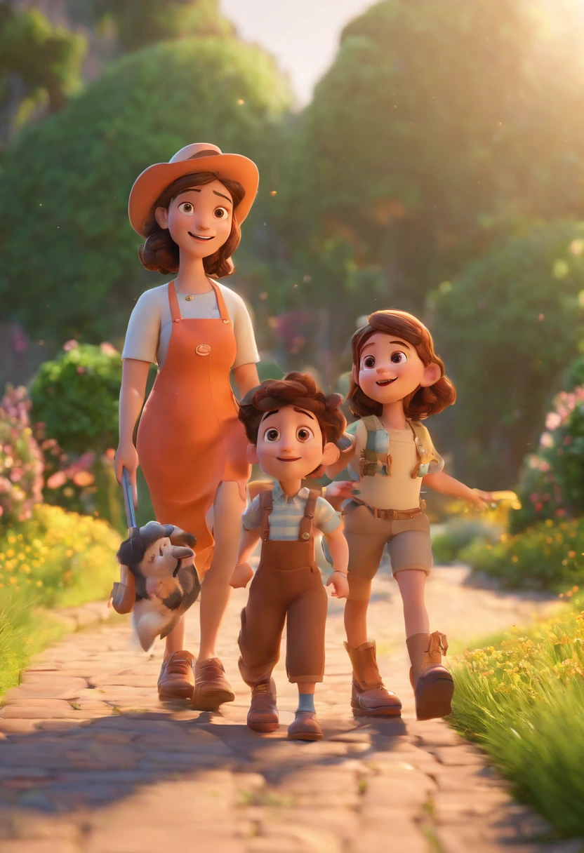 Estilo Pixar: Familia, Um pai, A mother and two girls. Uma menino de 6 anos e outro de 2 anos . Uma fazenda com vacas lindas e marrom .