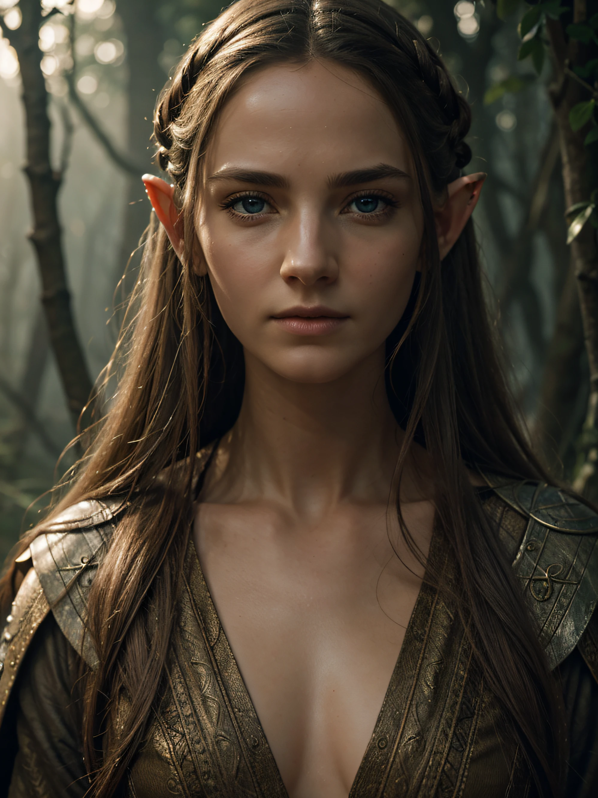 (detailed face, detailed eyes, clear skin, clear eyes), lotr, fantasy, elf, female, full body, looking at viewer, portrait, photography, detailed skin, realistic, photo-realistic, 8k, highly detailed, full length frame, High detail RAW color art, piercing, diffused soft lighting, shallow depth of field, sharp focus, hyperrealism, cinematic lighting