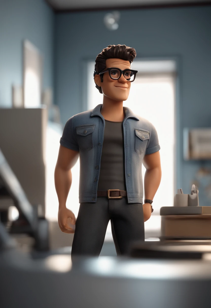 Bruno Mars cartoon of a man with black glasses with a low beard and a black striped shirt with white horizontally, animation character, Caractere estilizado, animation style rendering, 3D estilizado, Arnold Maya render, 3 d render stylized, toon render keyshot, Personagem 3D, Personagem 3D, 3d rendering stylized, 3 d character render, personagem de desenho animado, Personagem de close up, Pose de personagem,  (Estilo Pixar) (master part:1.2) (Bokeh) (best quality) (pele detalhada) (textura detalhada) (8k) (argila) (Cinematic lighting) (foco nítido