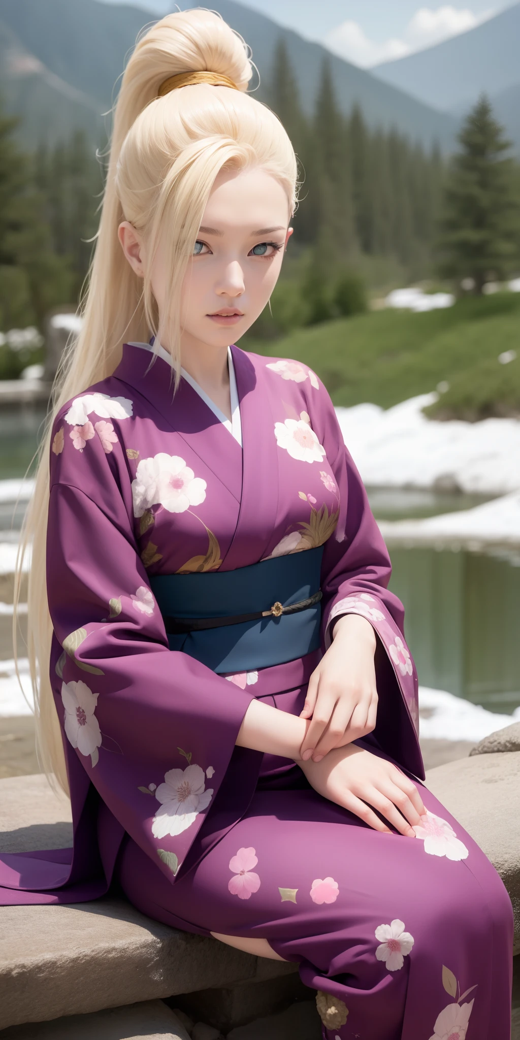 yamanaka ino, kimono, snowing, sitting,