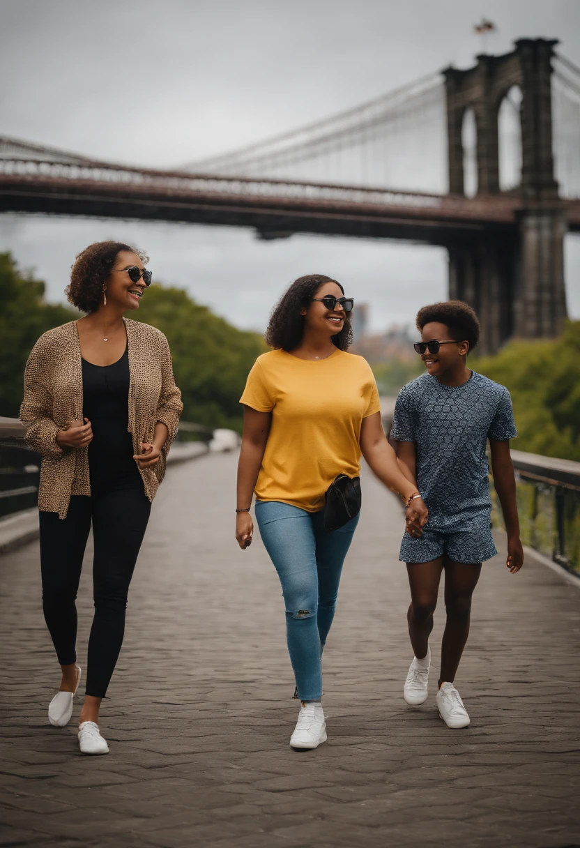 Familia feliz de 4 pessoas na ponte do Brooklyn em NY sendo 1 Homen NEGRO de 42 anos com barba e oculos e bone do NY e camiseta do corinthians 1 Mulher branca de 42 com cabelo liso marrom 1 adolescente de 15 anos pardo com cabelo preto curto e camiseta los Lakes amarela e crianca de pardo de oculos , camelo moicano preto e camiseta do manchester city azul ESTILO DINEY PIXAR. ALTA QUALIDADE MELHOR QUALIDADE