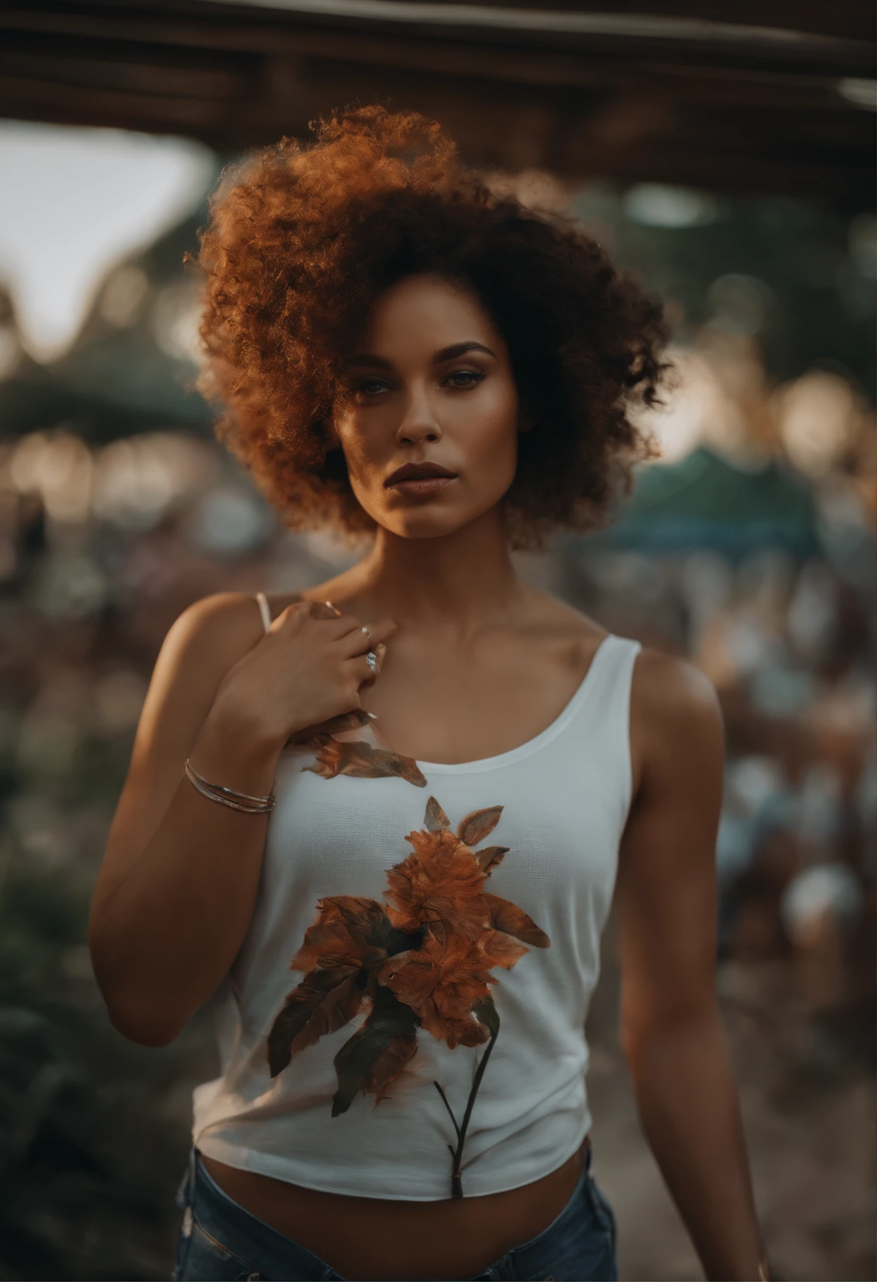 Closeup, samdoesarts estilo mulher bonita, em um parque com folhas alaranjadas , Directed by: Jeremy Mann, Por Sandra Chevrier, Por Dave McKean e Richard Avedon e Maciej Kuciara, White tank top and jeans, alto detalhamento, 8k