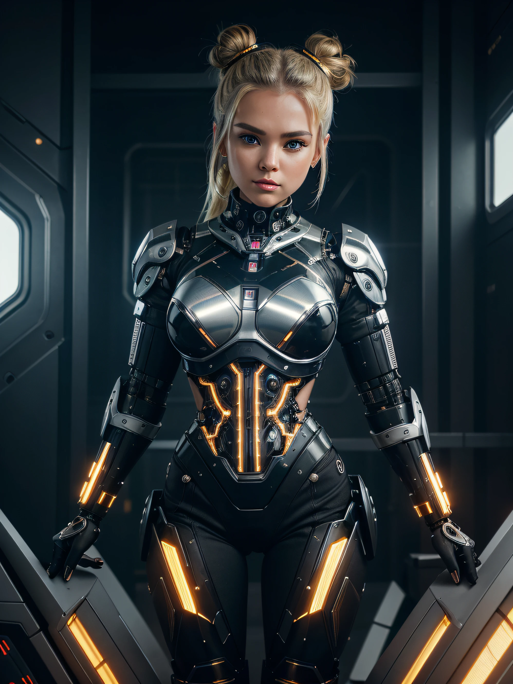 8k portrait, hi-tech bulky black plated ((cyborg)) with gold trim, overengineered, led lights, 1girl, pistons and circuits, striking a pose, futuristic, adorable, exuding power, mech factory, chromic reflections, angular layered construction, expensive tessellated design, blonde hair space buns, juggernaut, forged by fire