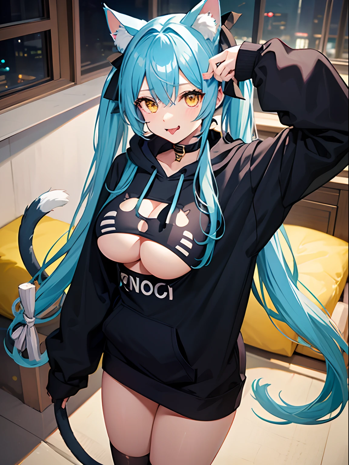 Long Hair, Twintail, Light Blue Hair, Yellow Eyes, Cat Ears, Cat Tail, Big Boobs, Wearing Hoodie, Long Stocking, Nighttime, Wearing Black Gloves, Inside a house, Stick out the tongue