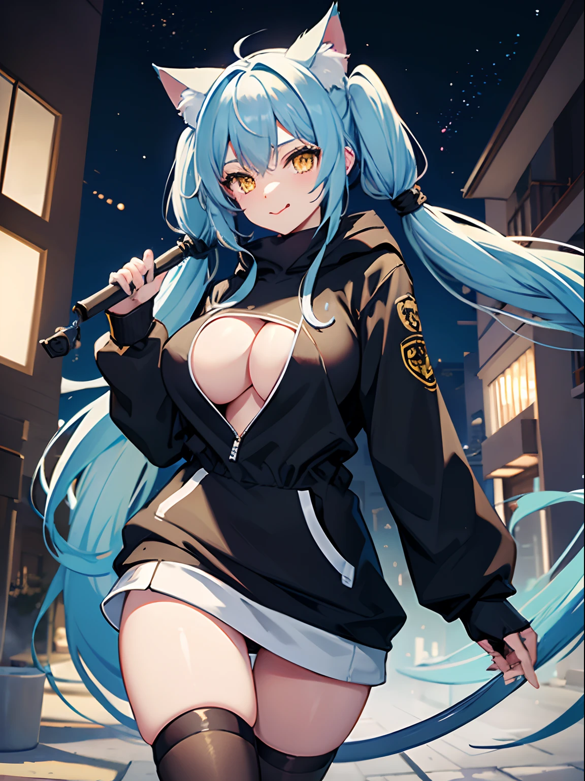 Long Hair, Twintail, Light Blue Hair, Yellow Eyes, Cat Ears, Cat Tail, Big Boobs, Wearing Hoodie, Long Stocking, Nighttime, Wearing Black Gloves, Inside a house, Stick out the tongue