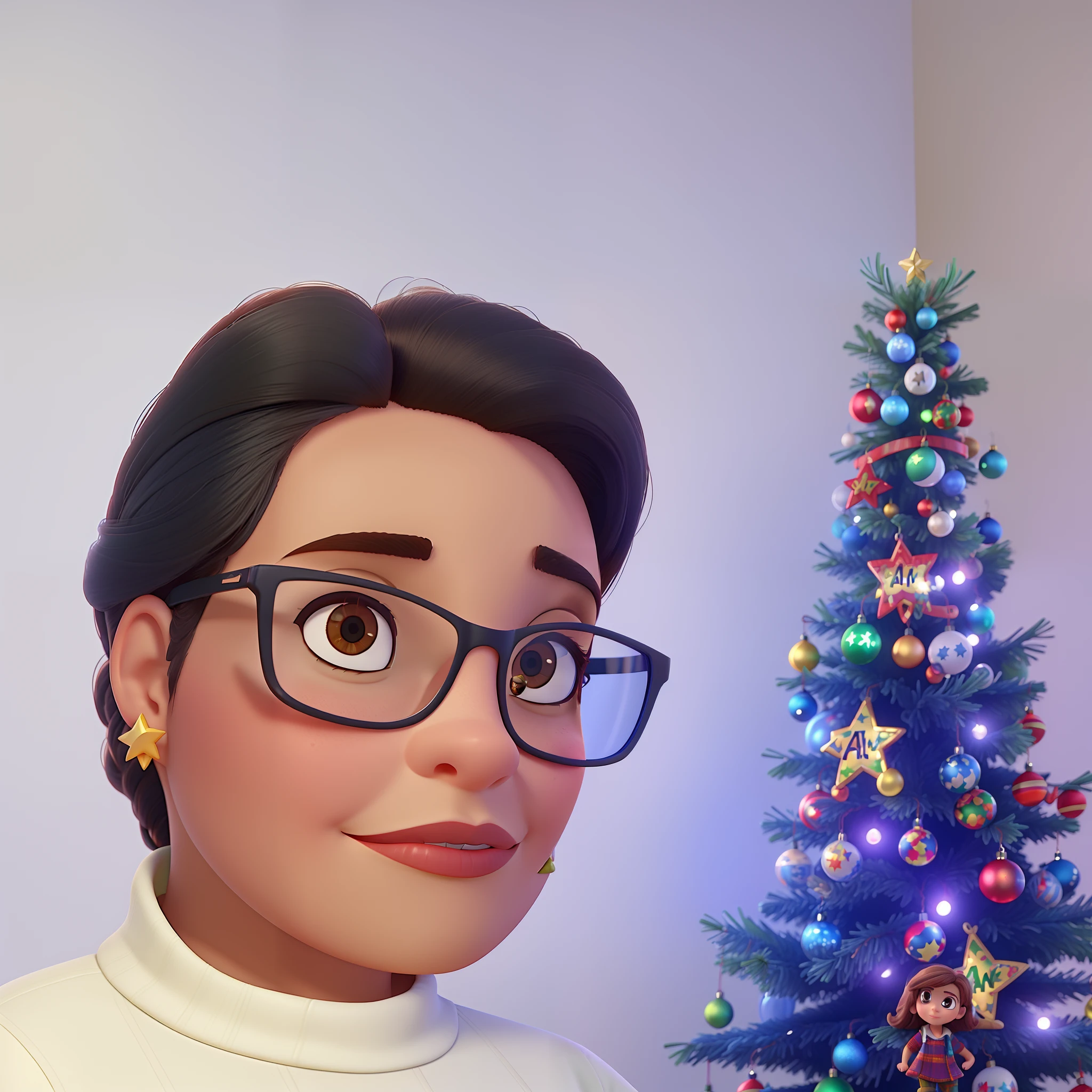 uma mulher morena de cabelos crespe encaracolados no estilo Disney pixar, alta qualidade, Best Quality Wearing Sunglasses Background A Christmas Tree