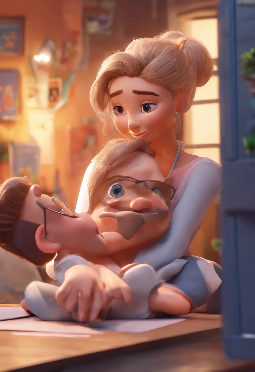 An illustration of an adorable couple, Destacando um homem e uma mulher com beleza, Expressive eyes – the man's hair is bald and brown and he has a full beard, While the woman's hair is tied up in a bun and blonde. They are a bright space, Todos com um sorriso no rosto, e compartilhe um momento especial, That is marked by love, viagem, and pedagogical insights. Ilustre esta cena a partir de uma perspectiva, where they're facing away from the camera, Show Your Connection. Desenvolva esta arte em Full HD, Focus on your cinematic touch, Estilo Disney Pixar Animations