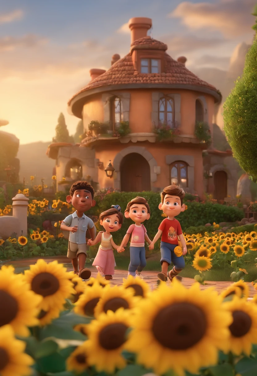 Create a Disney PIXAR-style 3D poster. ((centro da imagem, Triplets)), ((3 )) ((1 menino no meio e 2 meninas ao lado, They're hugging each other, O menino tem pele castanha e cabelos castanhos escuros e olhos castanhos escuros, 1 menina tem pele clara, olhos e cabelos escuros e cacheados, e a outra menina tem pele morena, olhos escuros e cabelos escuros e lisos)) ((tudo isso no estilo Disney PIXAR 3D, In the background, A house of sunflowers, Gloria Studio, The garden is full of nature 3D render RTX clay material, estilo de design cartunesco, POP Mart, soft lighting, linhas suaves, Spring tilt, Detailed illustrations of PIXAR 3D, Detalhes hiper-realistas, cor quente no estilo Disney PIXAR 3D))
