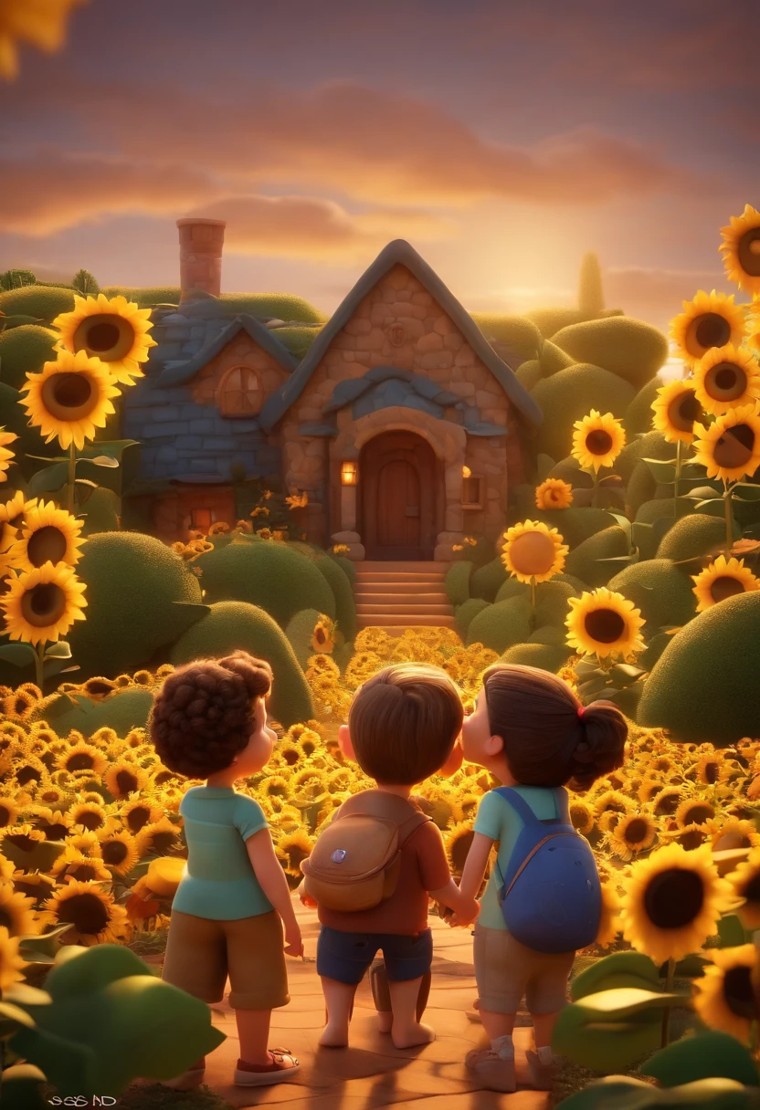 Create a Disney PIXAR-style 3D poster. ((centro da imagem, Triplets)), ((3 )) ((1 menino no meio e 2 meninas ao lado, They're hugging each other, O menino tem pele castanha e cabelos castanhos escuros e olhos castanhos escuros, 1 menina tem pele clara, olhos e cabelos escuros e cacheados, e a outra menina tem pele morena, olhos escuros e cabelos escuros e lisos)) ((tudo isso no estilo Disney PIXAR 3D, In the background, A house of sunflowers, Gloria Studio, The garden is full of nature 3D render RTX clay material, estilo de design cartunesco, POP Mart, soft lighting, linhas suaves, Spring tilt, Detailed illustrations of PIXAR 3D, Detalhes hiper-realistas, cor quente no estilo Disney PIXAR 3D))