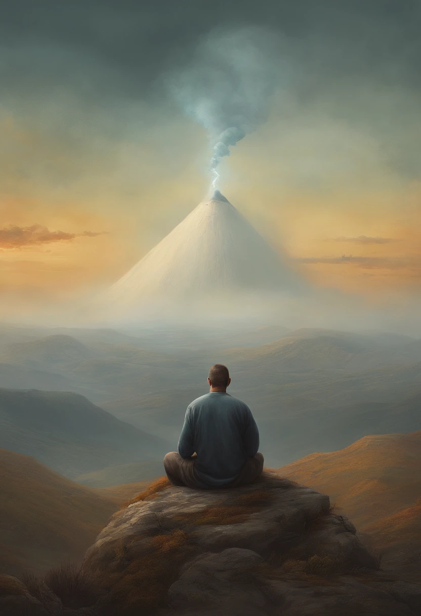 homem maduro, sitting in a meditation position, diante de um orisonte lindo, com o sol se pondo, in connection with the divine, Foto retrato, Directed by: Drew Tucker, Directed by: Adam Marczyński, Directed by: Alexandre Kucharsky, Directed by: Gavin Nolan, Surrealismo 8K, Directed by: Jason Felix, Yuri Shwedoff e Tom Bagshaw, arte ilustrativa, Estilo Erik Johansson
