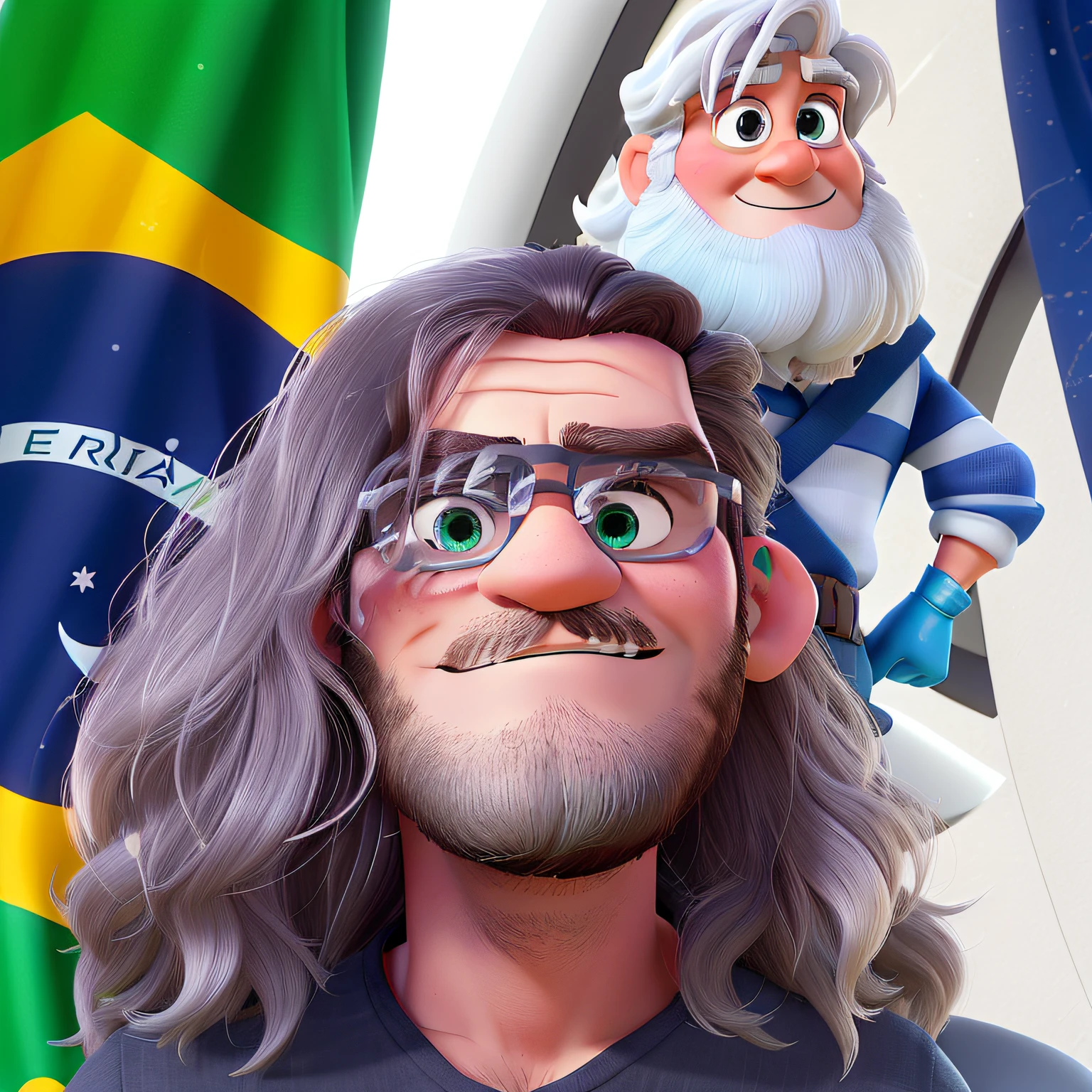 crie um personagem no estilo pixar da disney, homem, serio, branco, cabelos longos loiros soltos ao vento, olhos verdes, cor da barba igual ao cabelo,